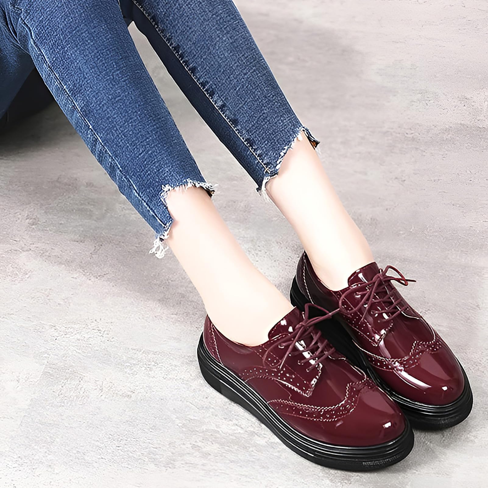 ANUFER Mujeres Elegante con Cordones Brogues Plataforma Piel Sintética de Charol Casual Zapatillas Deportivas