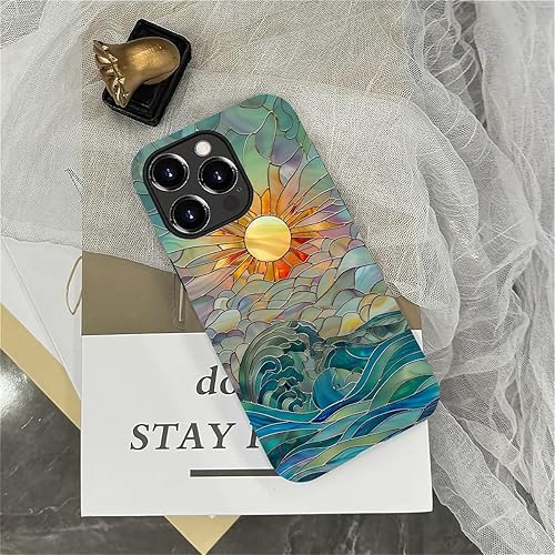 Miniatura 4 de DAIZAG Funda compatible con iPhone 15 Pro Max, diseño de rayas de sol con diseño de olas de océano, patrón completo de plástico suave TPU