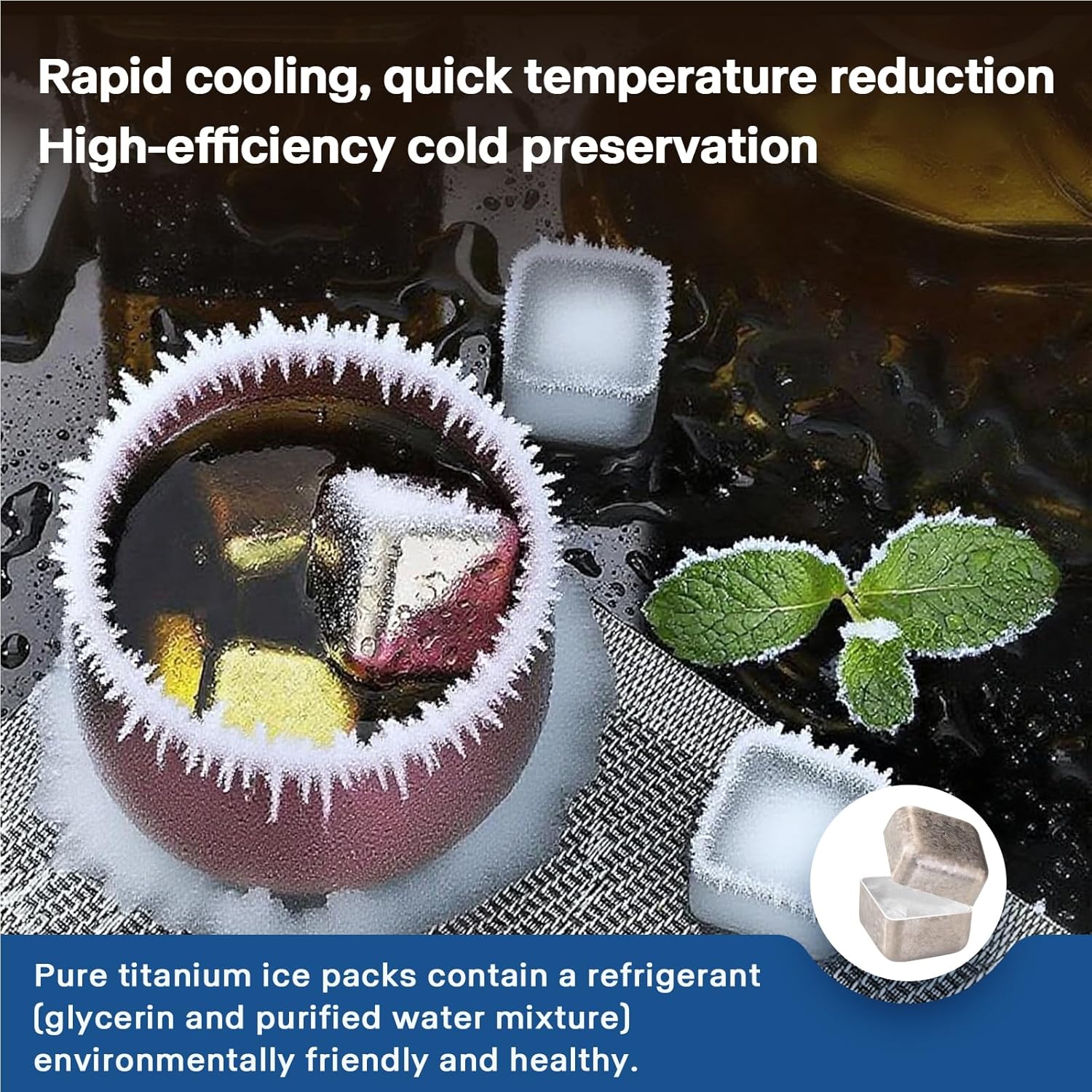 Titanium Ice Cubes for Drinks, Non-Diluting Whiskey Ice Cube Filled with Water, Reusable Cooling Cubes (6)