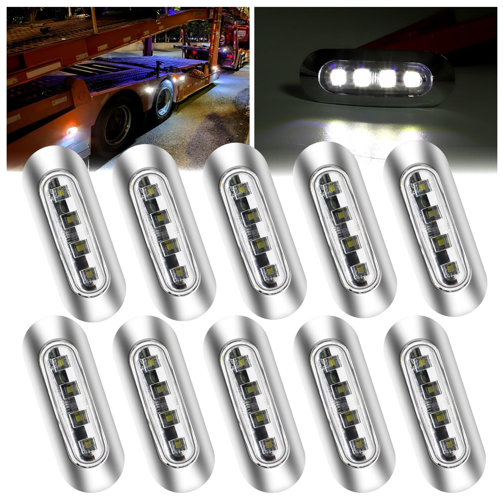 10Pcs Feux De Gabarit Latéraux LED 12V 24V Avec Lunette Chromée - Pour Remorque Camion Caravane