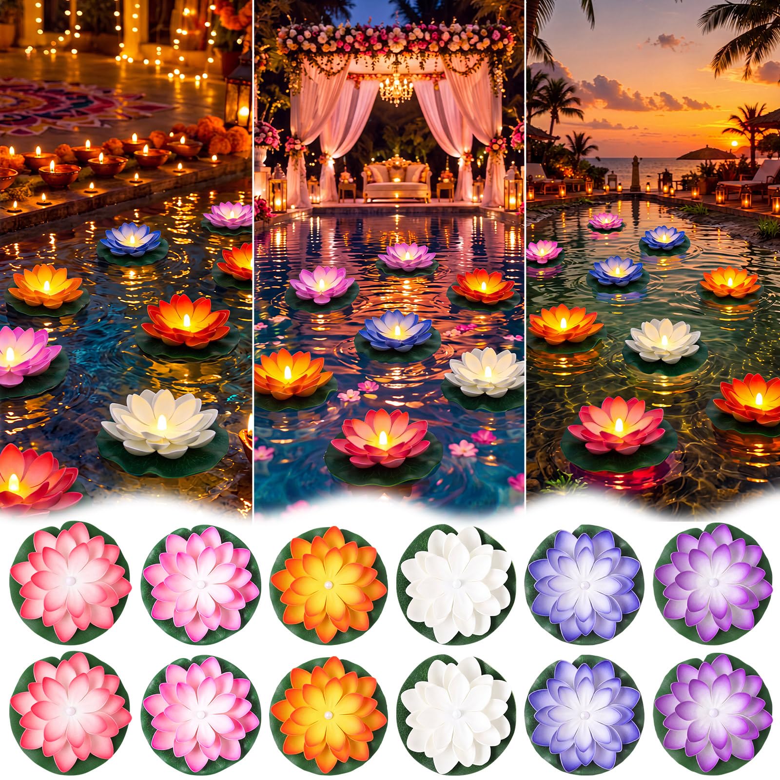 Liliful 24 luces flotantes de loto Diwali, 5.91 pulgadas, 6 colores