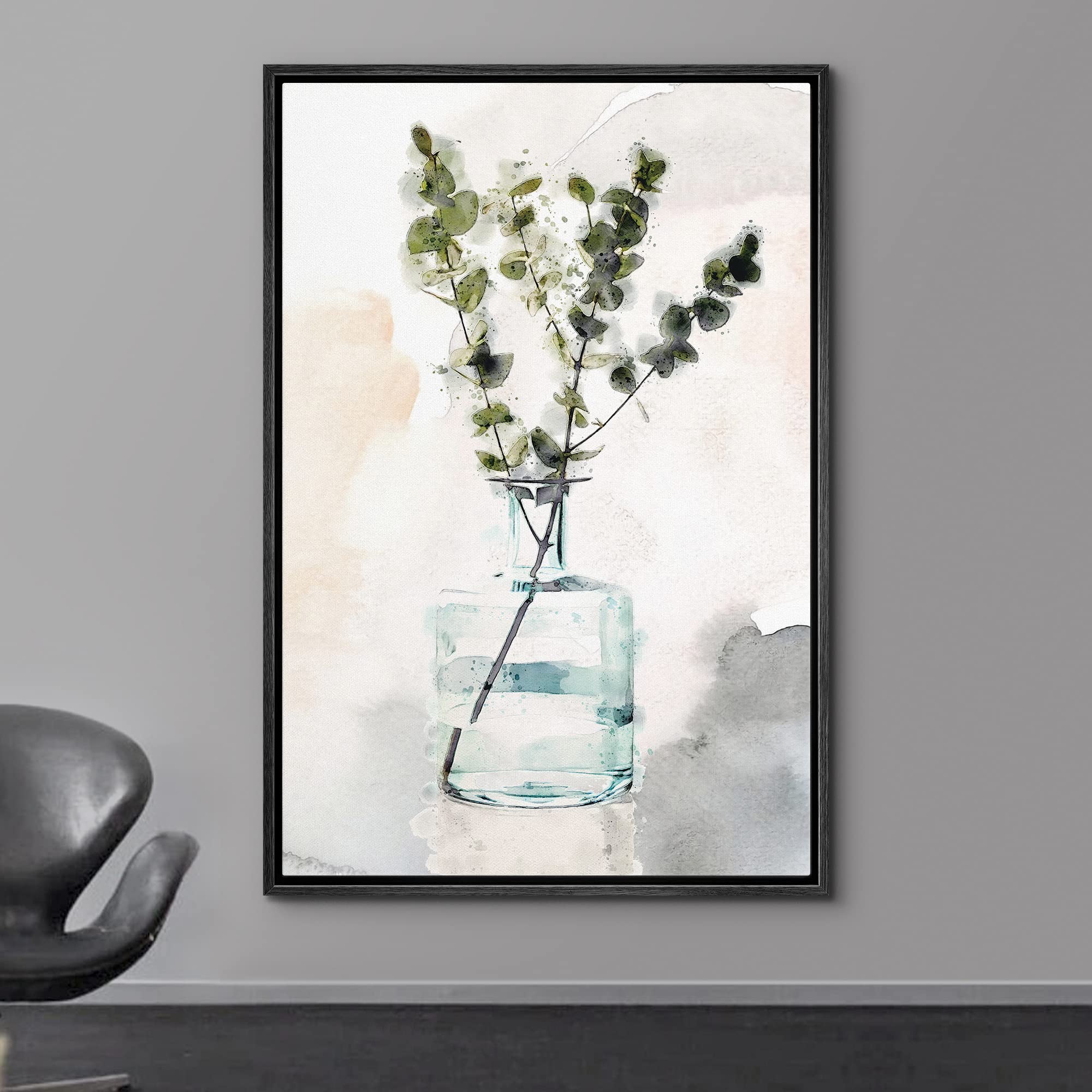 wall26 Framed Canvas Print Wall Art Dark Green Watercolor Eucalyptus Stem in Glass Vase Floral Botanical Illustrations Modern Art Chic Multicolor for Living Room, Bedroom, Office - 24