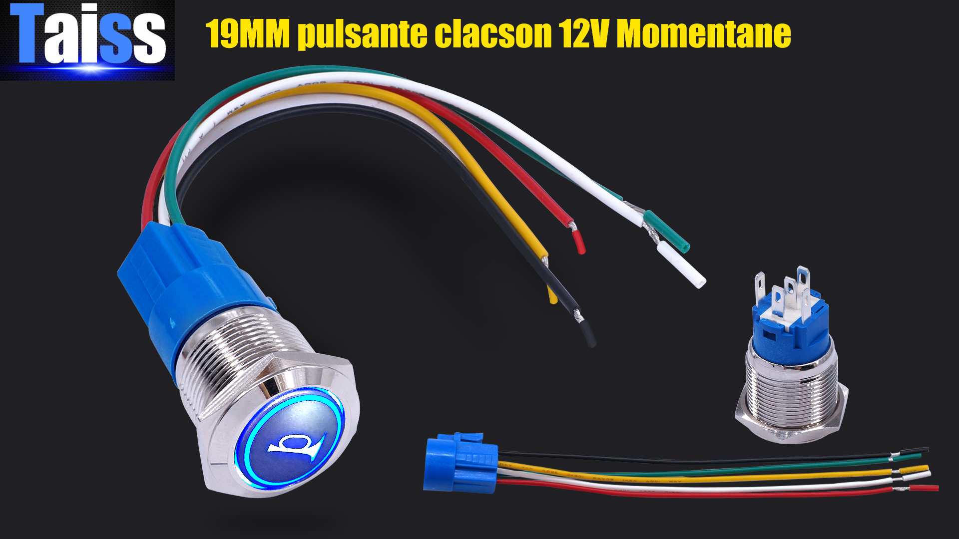Joinfworld Interruttore A Pulsante Per Clacson – 12V 20A, 16mm, In Acciaio Inox Con LED Blu, Momentaneo SPST, Pre-cablato, Impermeabile Per Barca E Auto