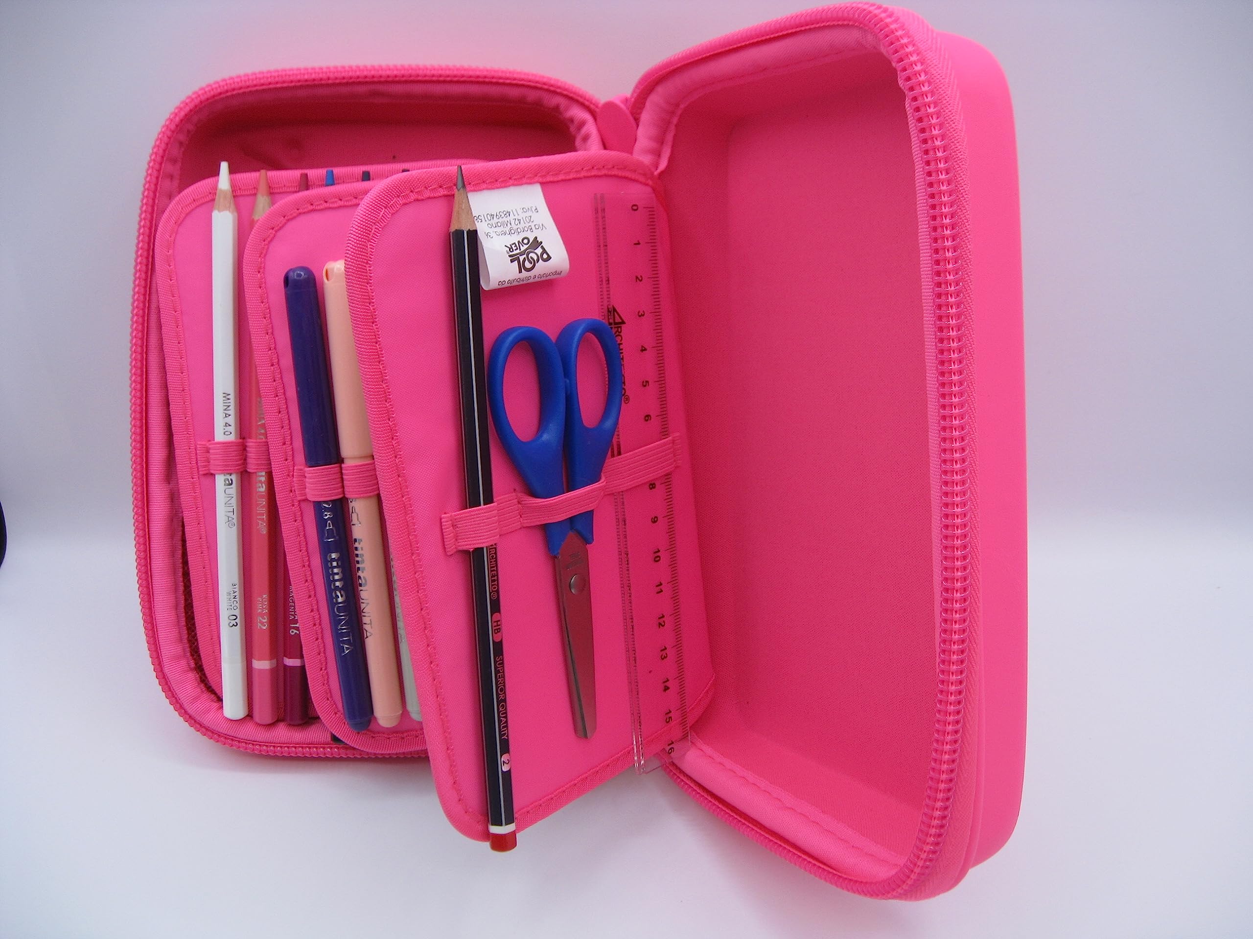 Estuche de color Untia One Time completo con 3 compartimentos, 1 cremallera, Fucsia Fluo, Estuche
