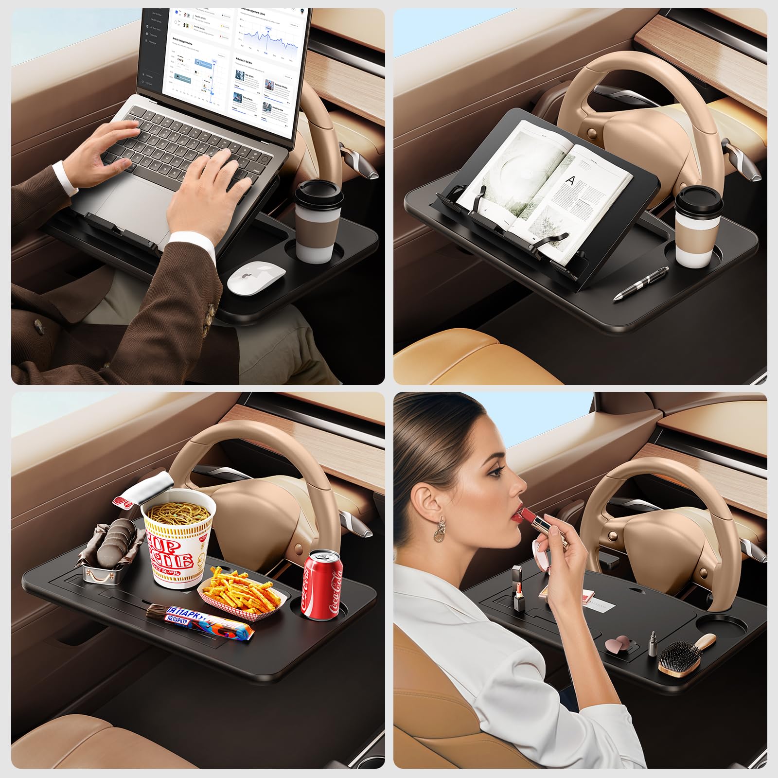 Tavolino per volante auto 3 in 1 per laptop, vassoio regolabile in altezza per conducente, vassoio per cibo per auto con portabevande, accessorio multiuso da viaggio per auto per lunghi