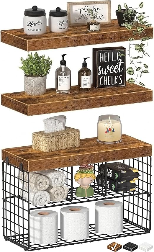 Bathroom Floating Shelves for Wall - Shelf Over Toilet Storage Small Farmhouse Decor Shelves (15.7 inch, Set of 3, Rustic Brown)