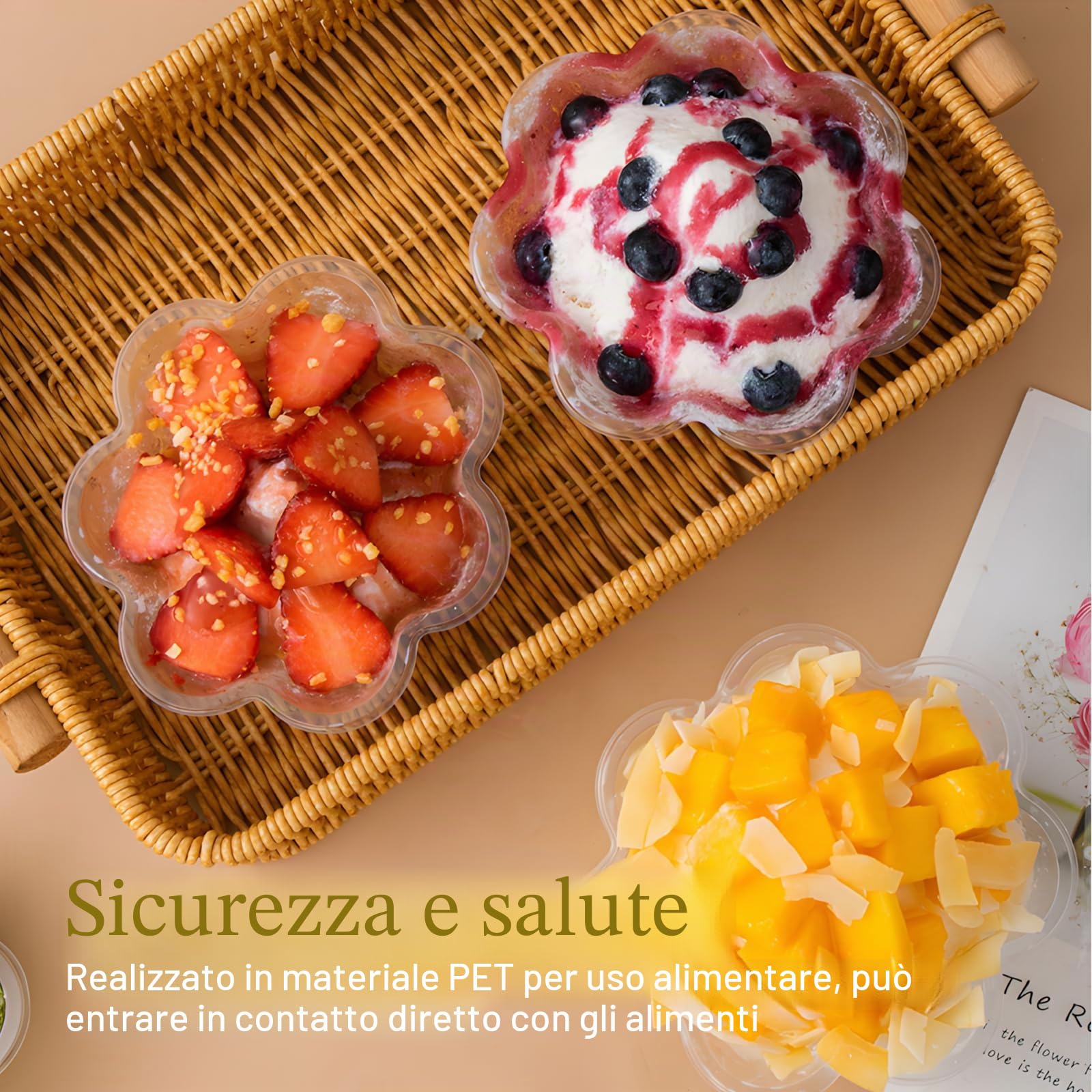 GOMETY 100 bicchieri da dessert in plastica, 250 ml, trasparenti con 100 cucchiai, mini tazze da dessert, riutilizzabili, motivo floreale, per dessert, budino, mousse