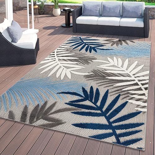 Rugshop Evora Palm Frond - Alfombra de área para patio, interior y exterior, no desprende pelusa, 5 x 7 pies, color azul
