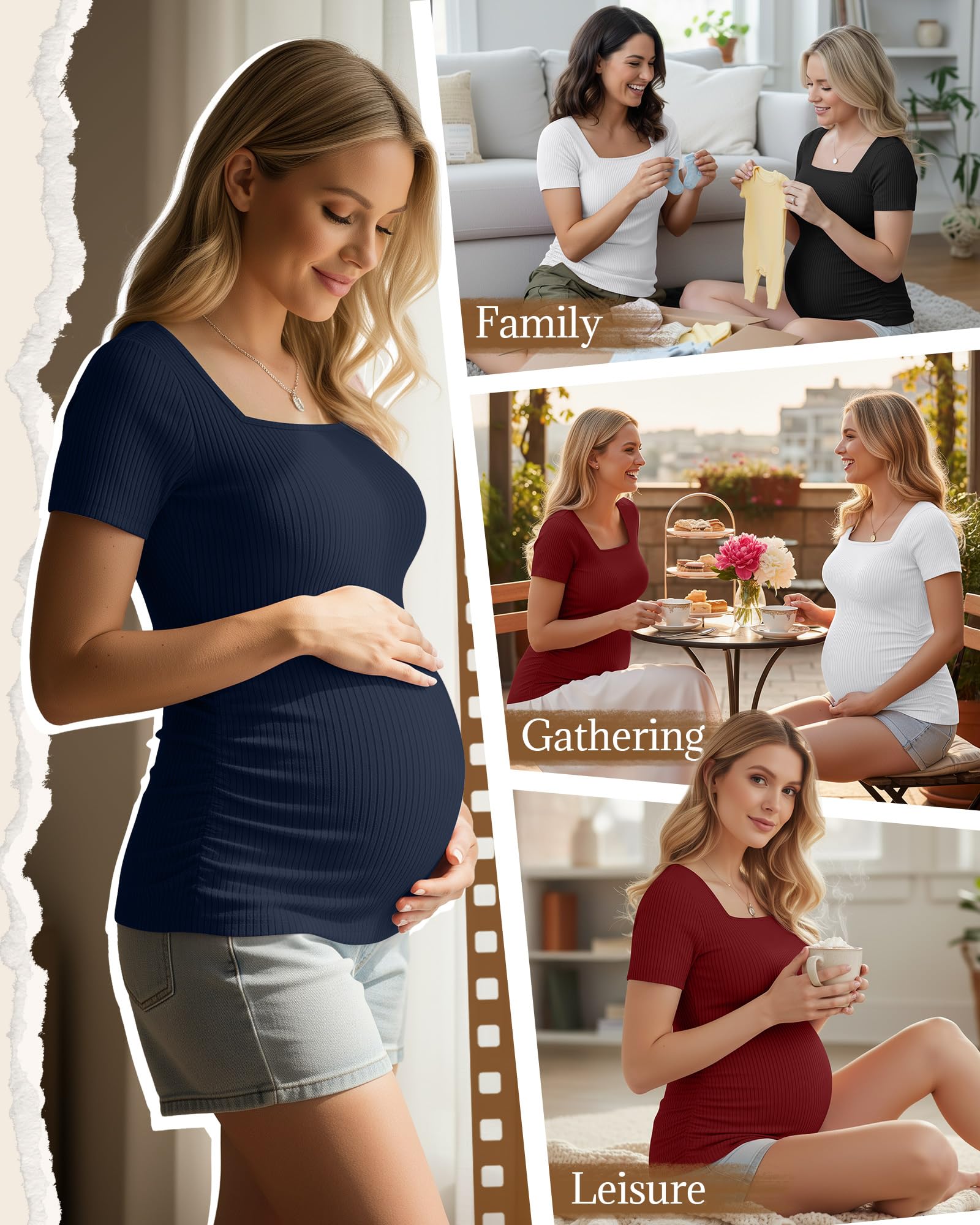 Geyoga 4erPack Damen Umstandstops | Baumwolle Schwangerschafts Shirts, Gerippt Kurzärmelig Mit Eckigem Ausschnitt, Seitlich Gerafft Für Work Sommer Umstandsmode