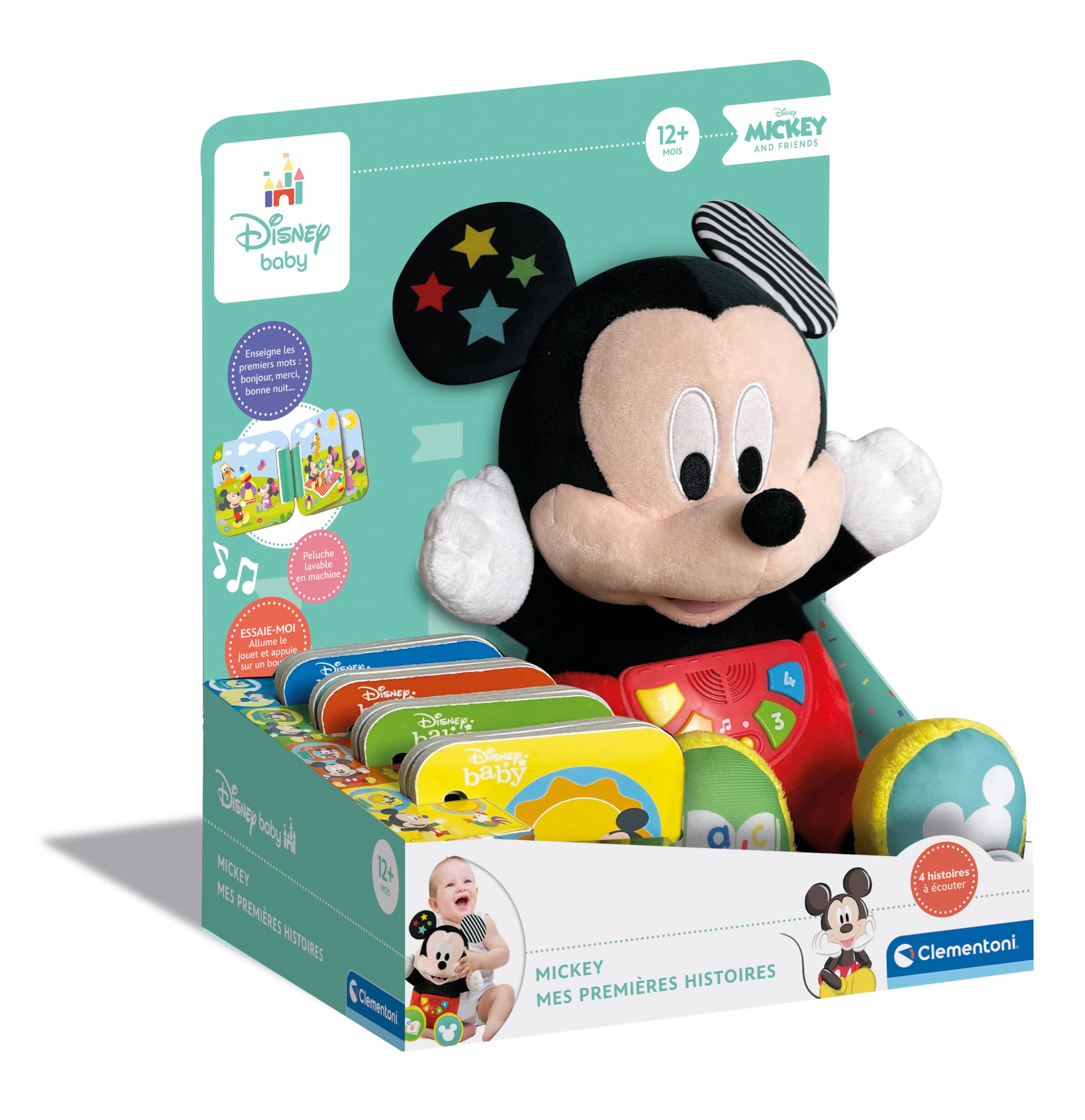 Clementoni Mes premières Histoires - Baby Mickey conteuse d’Histoires - Immersion Sonore Total - Jeu Educatif - pour Enfant Curieux - Moment de Détente - Lavable en Machine - Dès 6 Mois