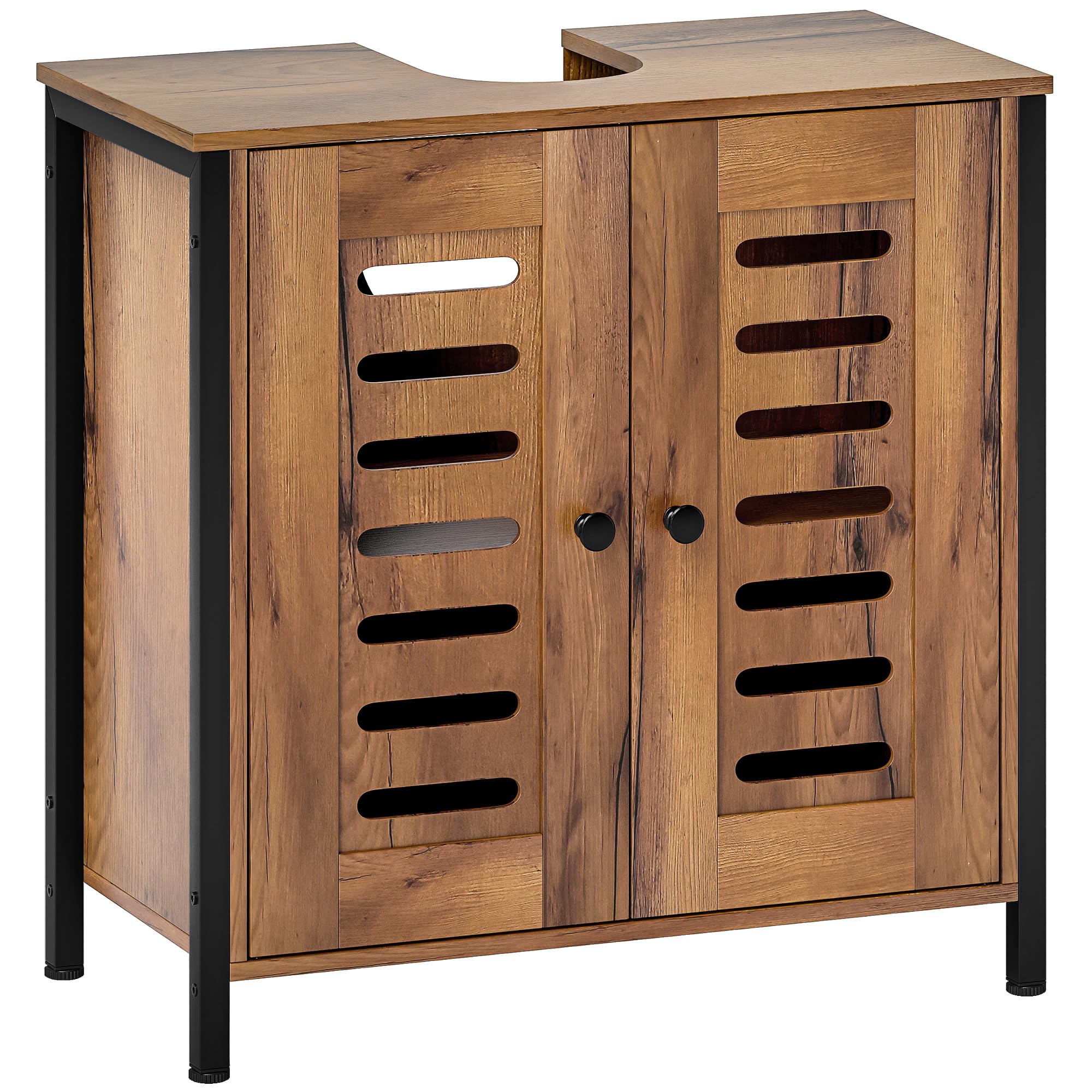 HOMCOM Mueble Bajo Lavabo Industrial con 2 Puertas de Lamas y Cierre Magnético, Estante Regulable, para Lavabos sin Pedestal, Mueble de Baño 60x30x60 cm Marrón Rústico