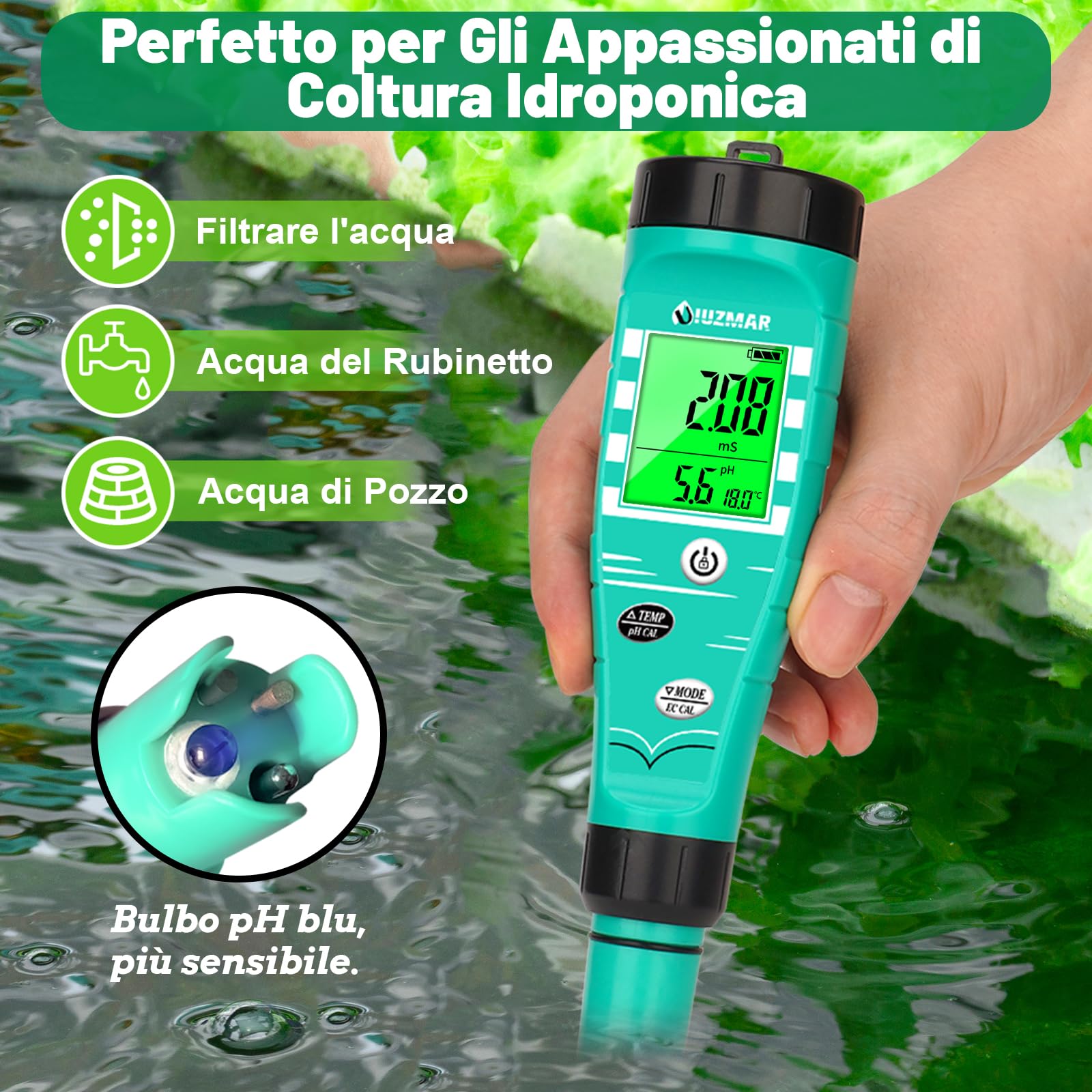 UIUZMAR Misuratore di pH EC Idroponica, phmetro Acqua, Misuratore pH e TDS per Sistema Idroponico, Misurazione Simultanea di pH EC TDS Temperatura per Aeroponica, Acquario, Laghetto