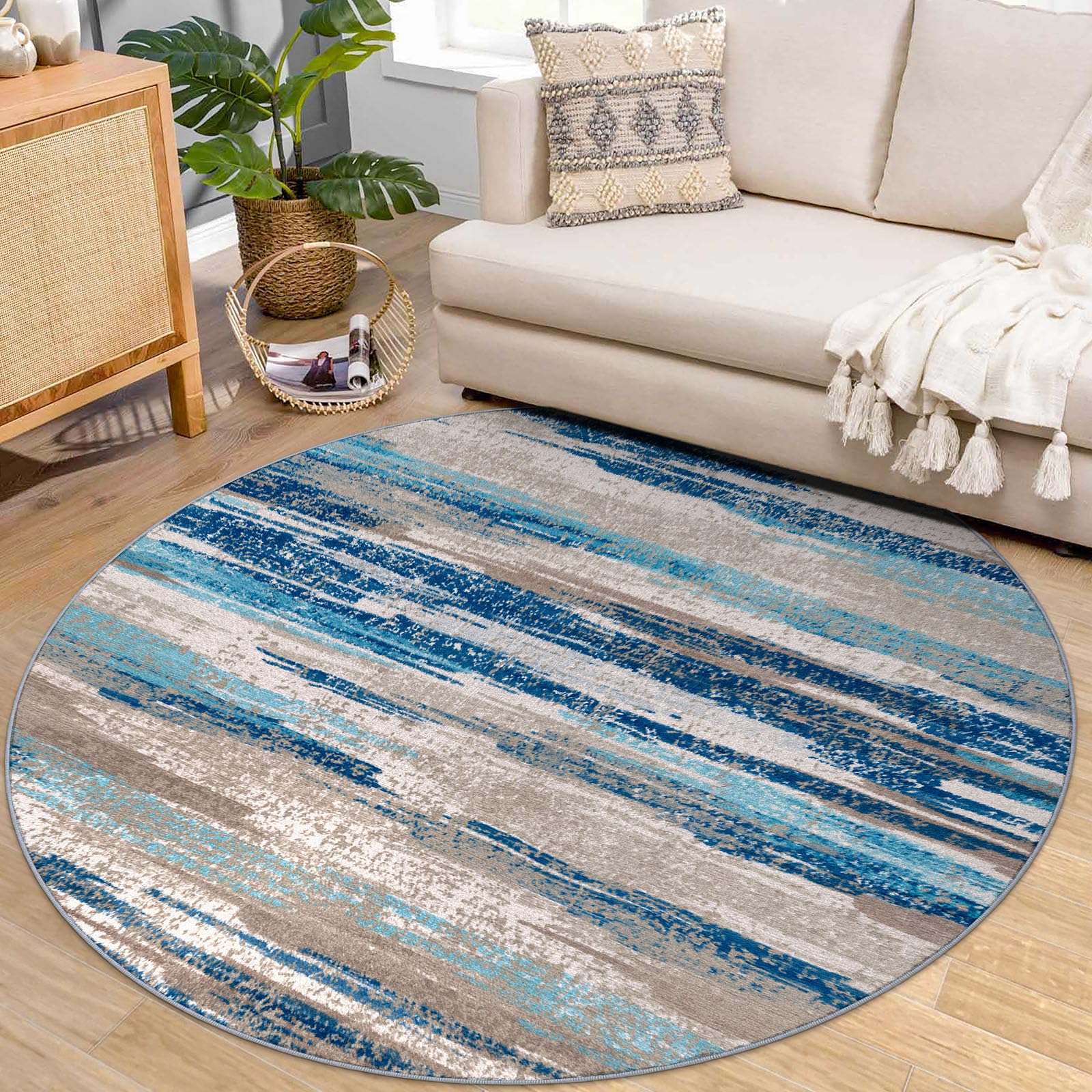 Lansny Modern Abstract Round Rug 6Ft, Blue Round Rug Washable Non-Slip Soft Small Circle Rug, Circular Dining Room Rugs Thin Print Faux Wool Carpet