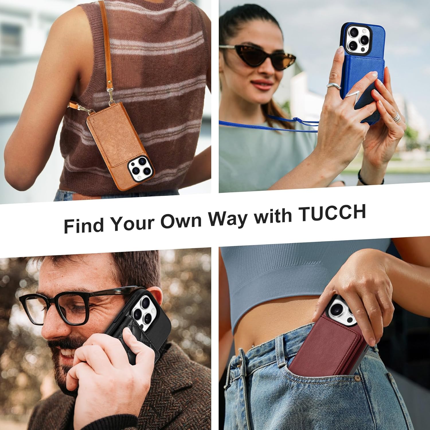 TUCCH Crossbody Wallet Case for iPhone 16 Pro (6.3), RFID Blocking [6 Card Slots][Detachable Adjustable Lanyard], Magnetic Flip Wallet PU Leather Shockproof Phone Cover for iPhone 16 Pro, Black