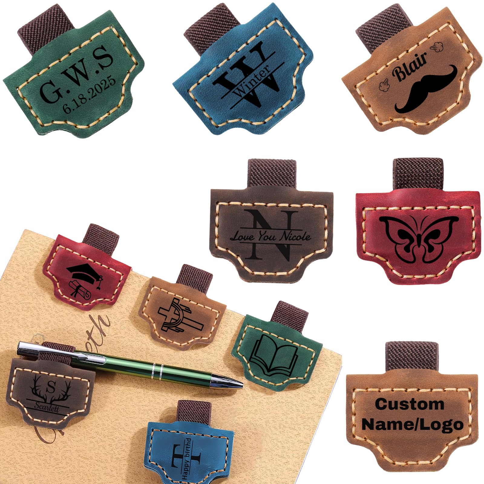 Personalized Mark Bookmark with Pen Holder Custom Leather Magnetic Bookmark with Name Initial Text Pen Holder for Travelers Notebook Gifts for Book
