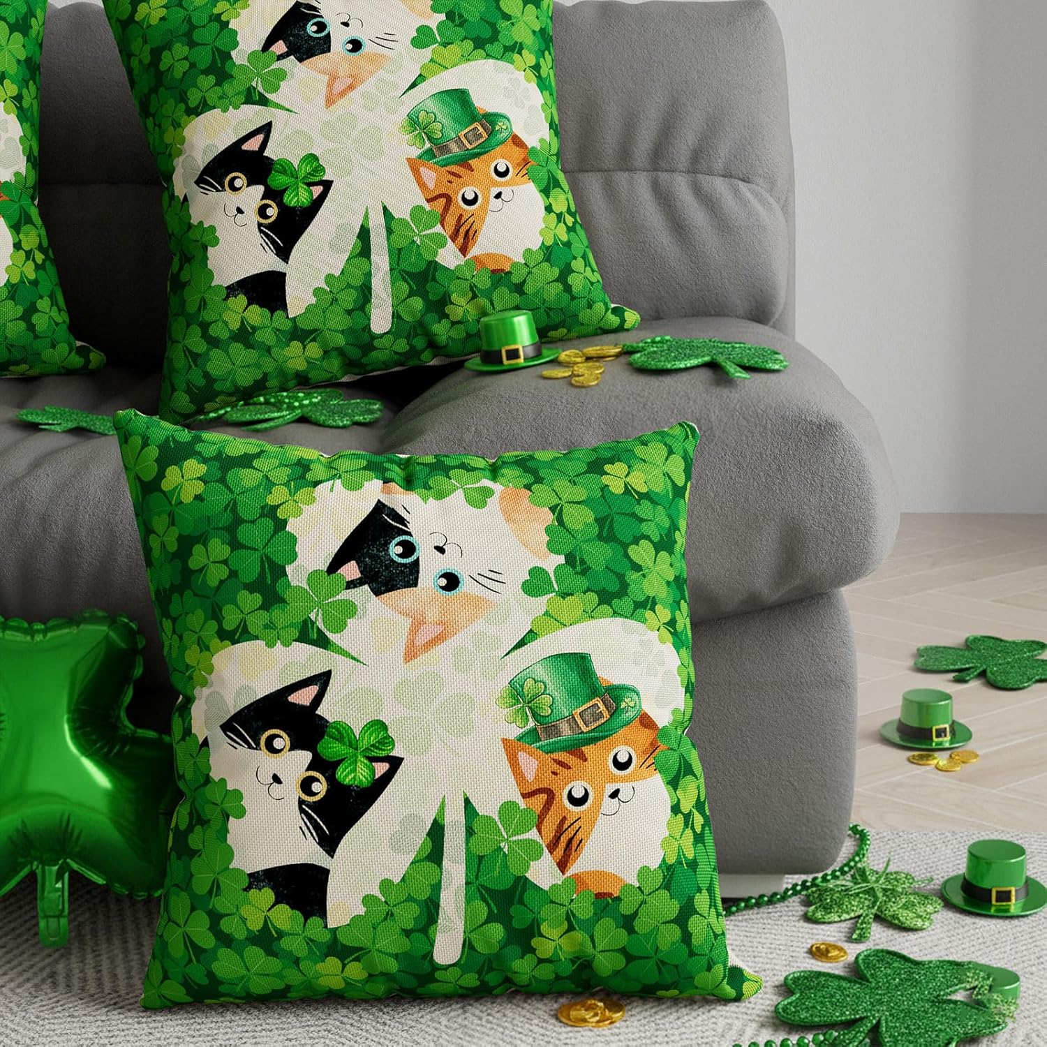Green Shamrocks Clovers Cats St. Patrick's Day Pillow Cover Throw Pillow Cases Decorations for Farmhouse Home Sofa Couch Cushion Cover Party Holiday Decor 18x18 Inch - Image 3