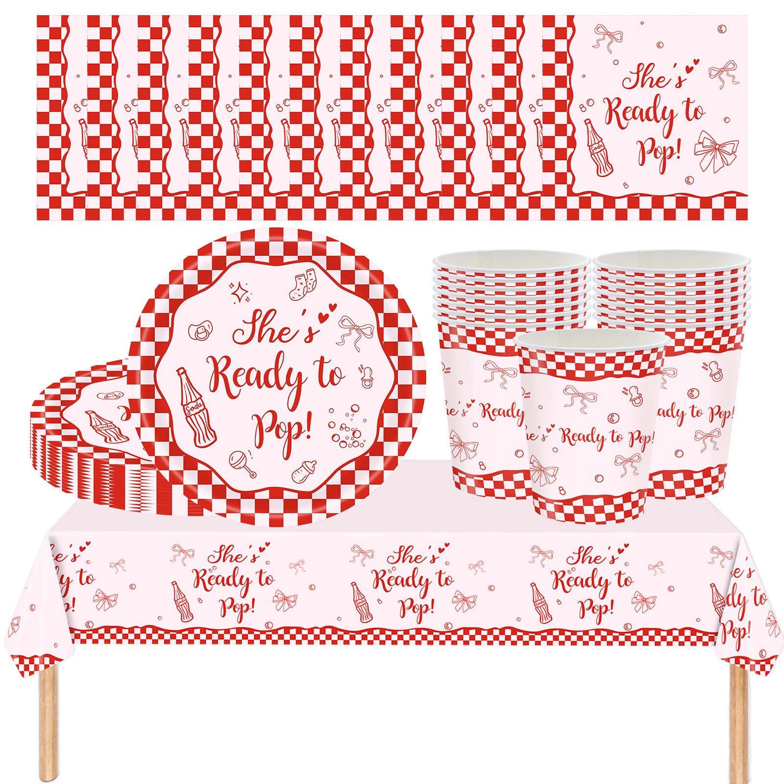 AURALIN Mum-to-Be Shower Tableware Set for 16 Guests, She’s Ready to Pop Pink Red Gingham Paper Plates Cups Napkins and Reusable Tablecloth, Bow Party Decorations 53P