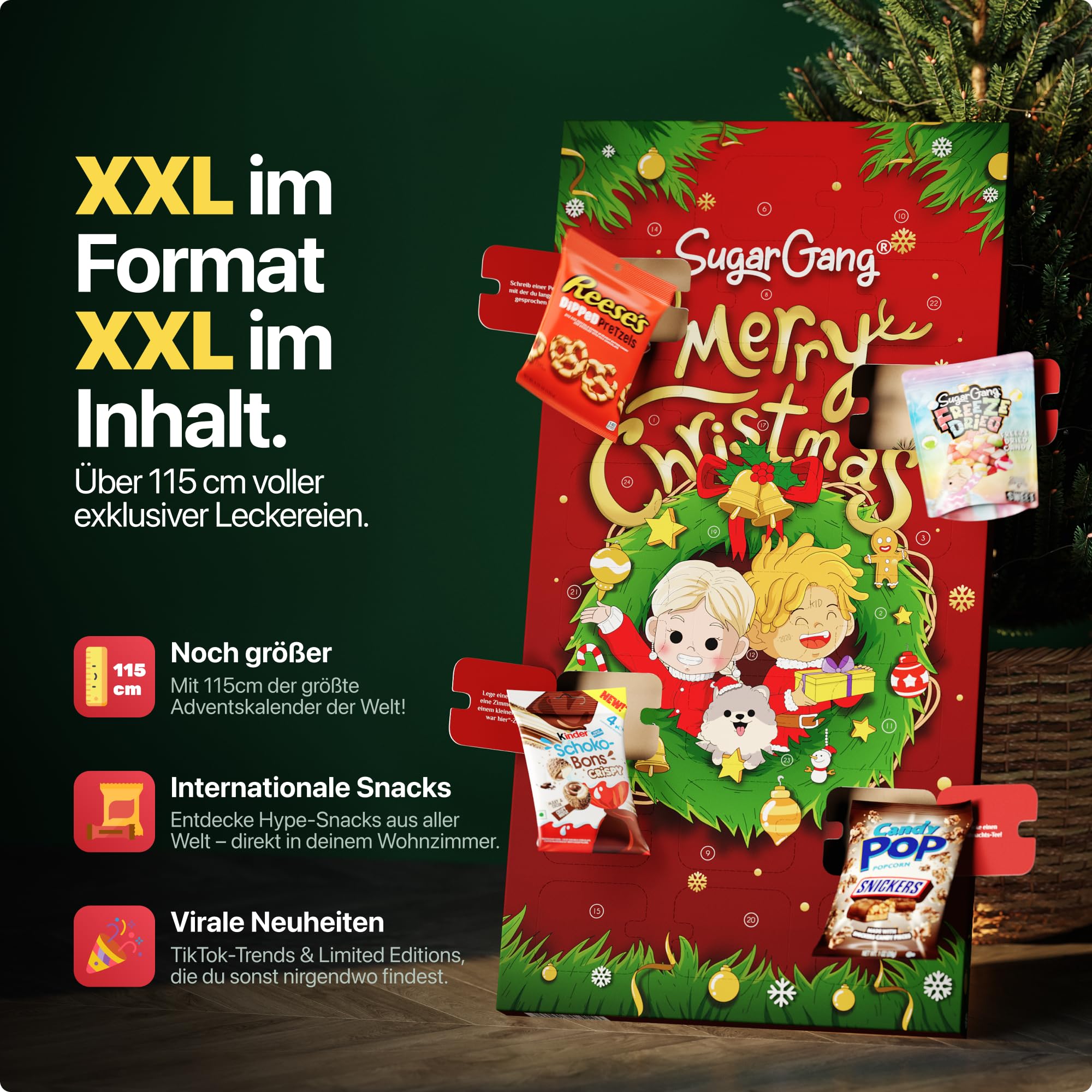 SUGARGANG® XXL Adventskalender 2025 mit Süßigkeiten aus USA & aller Welt [1,15m GROß] - Weihnachtskalender 2025 für Männer, Frauen & Kinder mit exklusiven Produktneuheiten - Süß, Sauer, Salzig