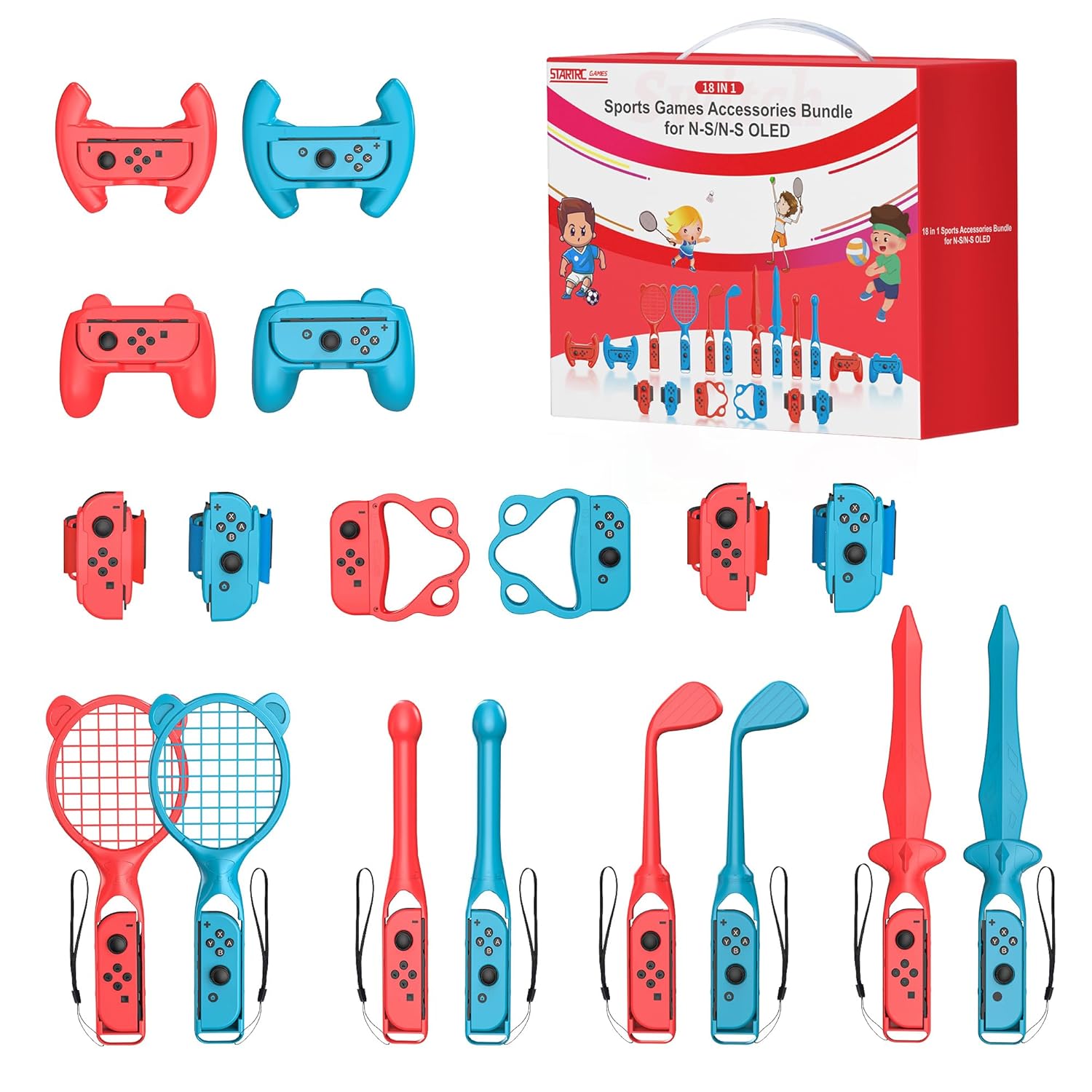 Nintendo Switch Sports Accessories Bundle, 18 in 1 Kit for Nintendo Switch Sports Games and Family Fun, Compatible with Switch/Switch OLED Sports Games with Tennis Racket, Golf Club, Sword Grip, etc
