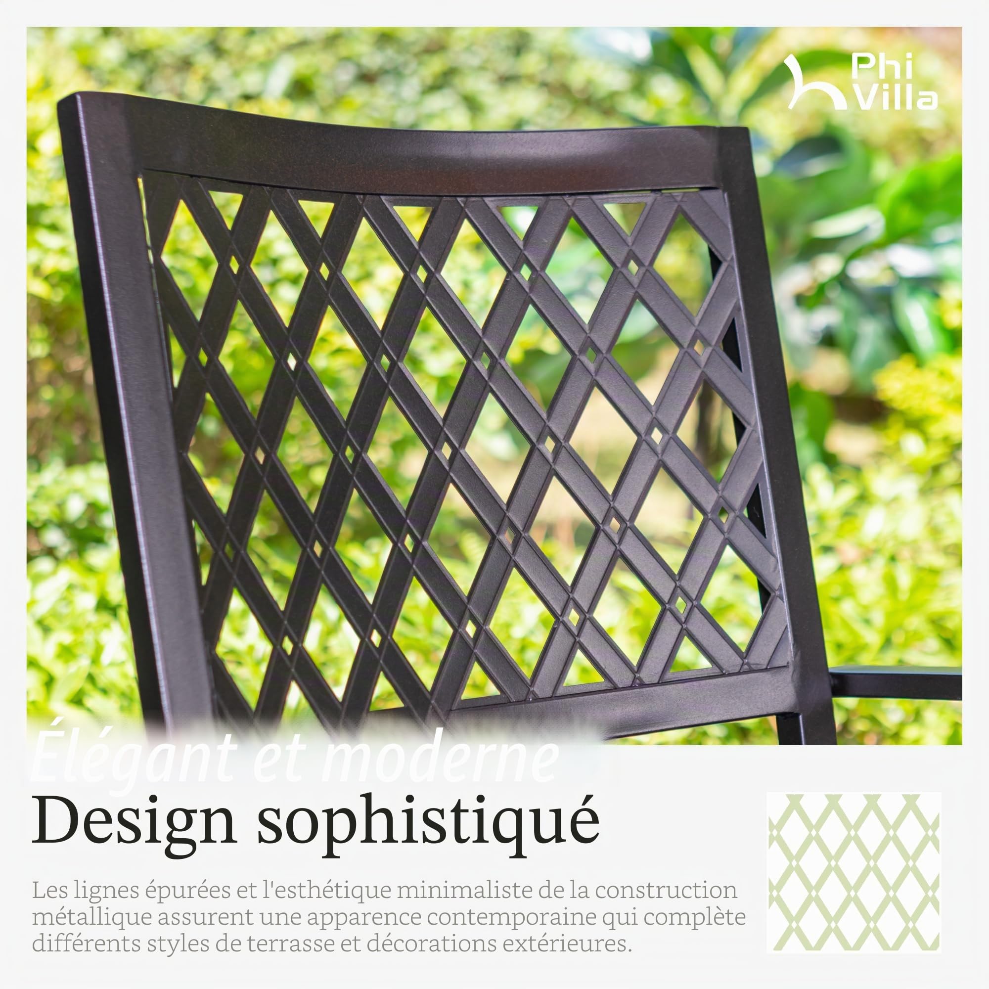 PHI Villa Salon de Jardin 5 pièces pour 4 Personnes, Ensemble de mobilier d'extérieur avec Table Ronde et chaises métal empilables, revêtement E pour Balcon, terrasse et Cour