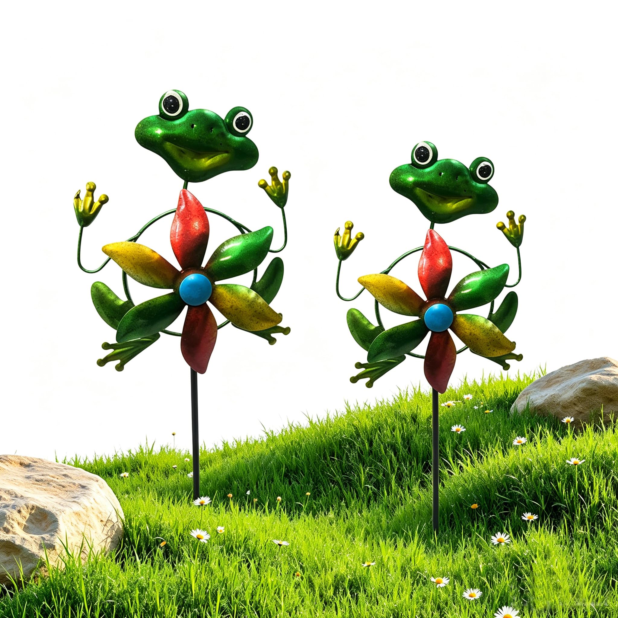 Garden Wind Spinner with Metal Stake, 2D Flat Design Colourful Pinwheels Garden Ornament for Outdoor – Weatherproof 2Pcs Frog Ground Stakes for Front Porch, Backyard Lawn & Flower Bed