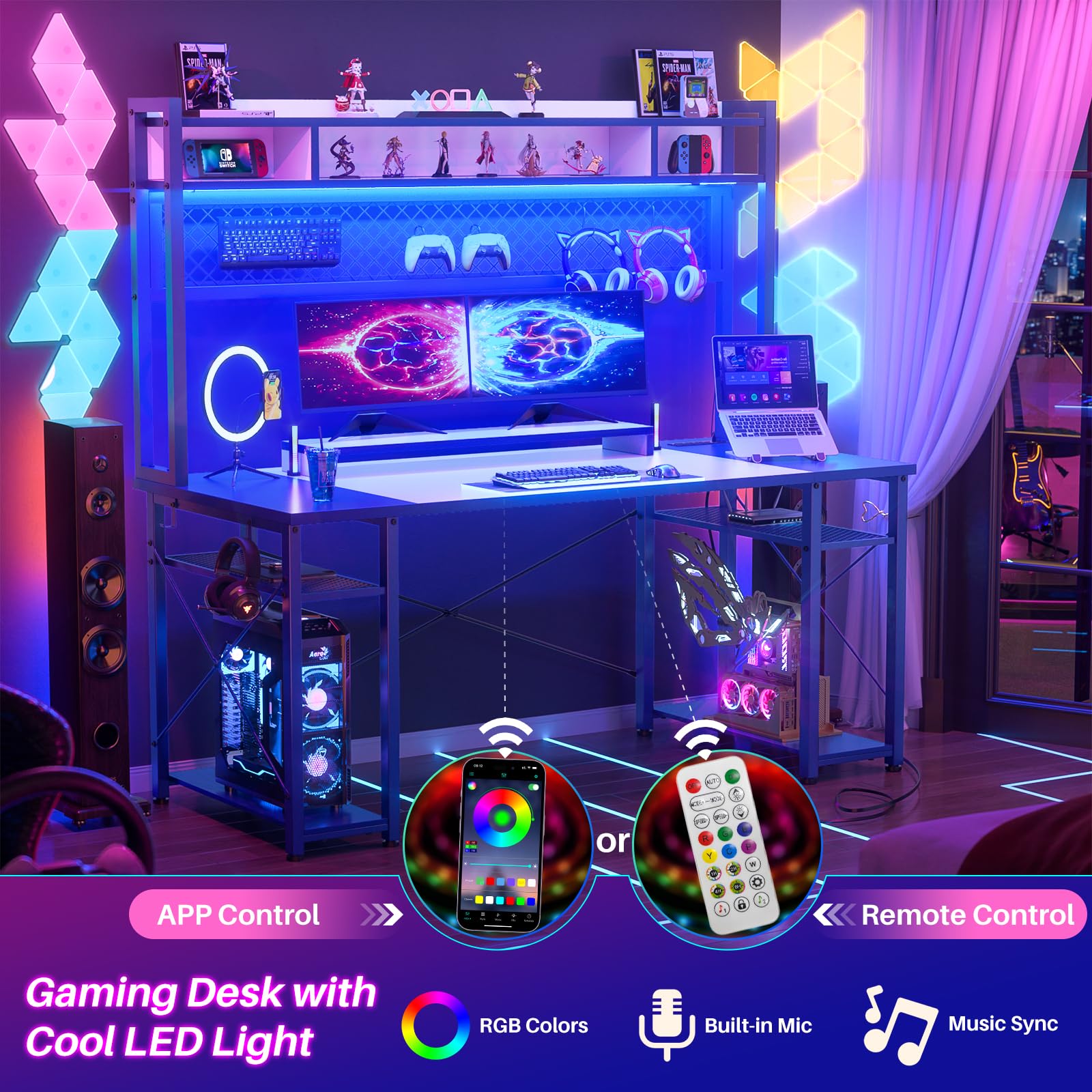 Upgrade Gaming Desk with Hutch, 55.2'' Magic Computer Desk with LED Lights and Outlets, Reversible Workstation Desk with Pegboard and Monitor Stand, Gamer Desk PC Table, White and Blue