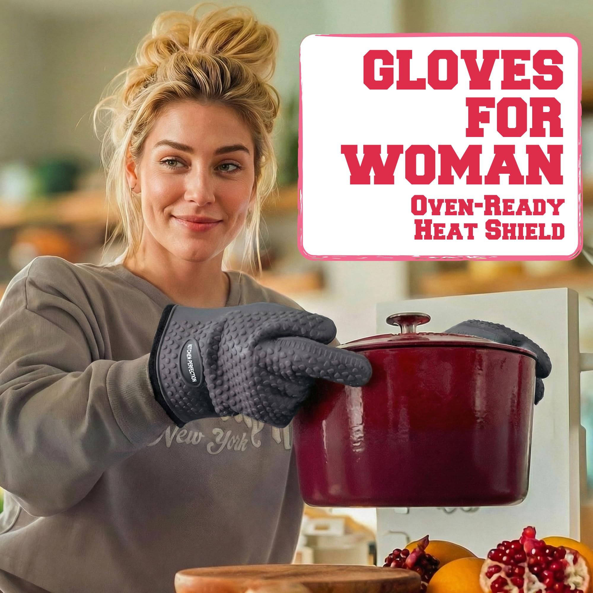 KITCHEN PERFECTION S Gants de four en silicone pour femme – Gants de barbecue résistants à la chaleur extrême – Manipulez les aliments chauds directement sur votre friteuse | Gants de four