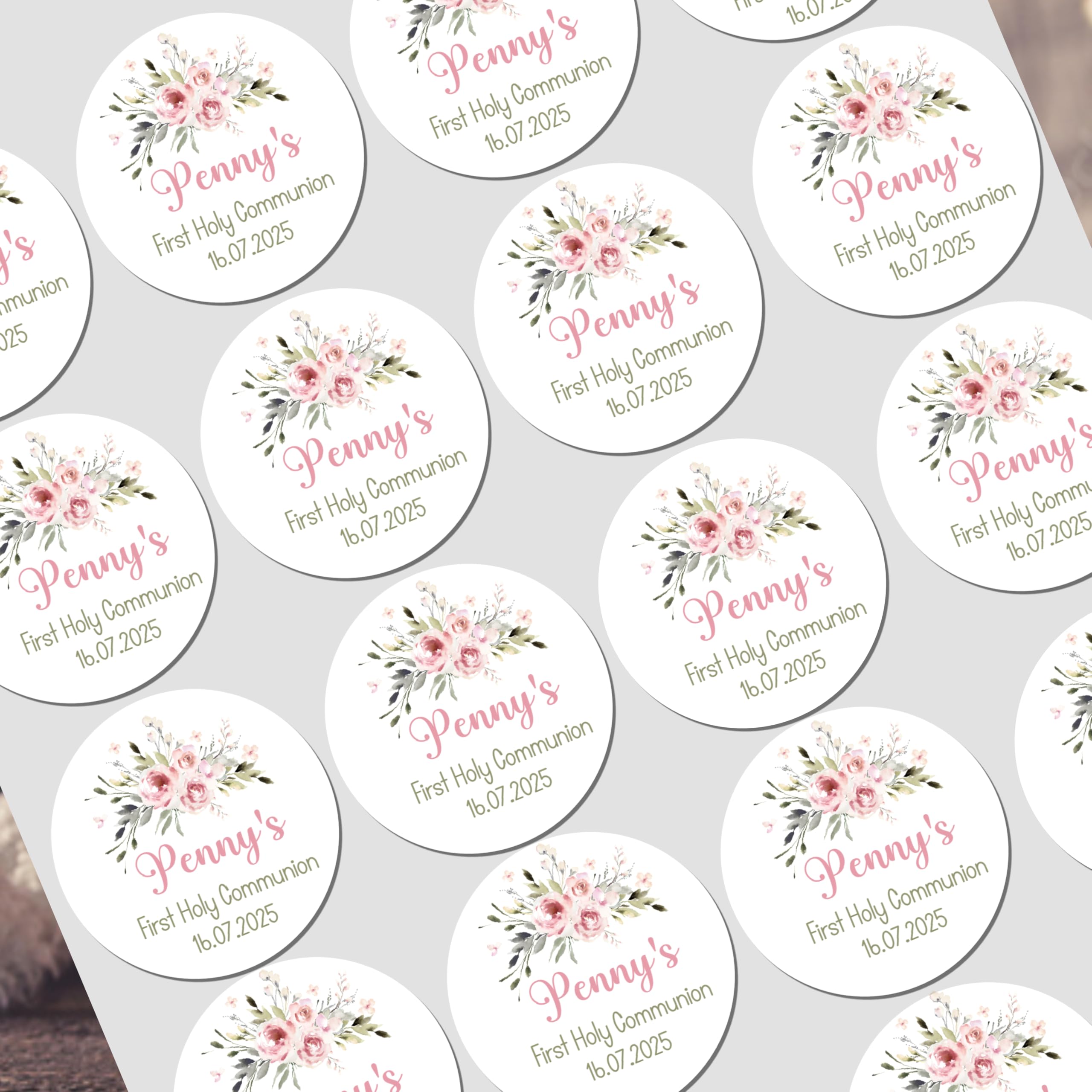 Five Star Party Supplies White Personalised First Holy Communion Stickers, Confirmations Stickers, Communion Party Favours, Pink Floral Design, Confirmation Party Bags, Communion 1St Holy Communion Party Bag