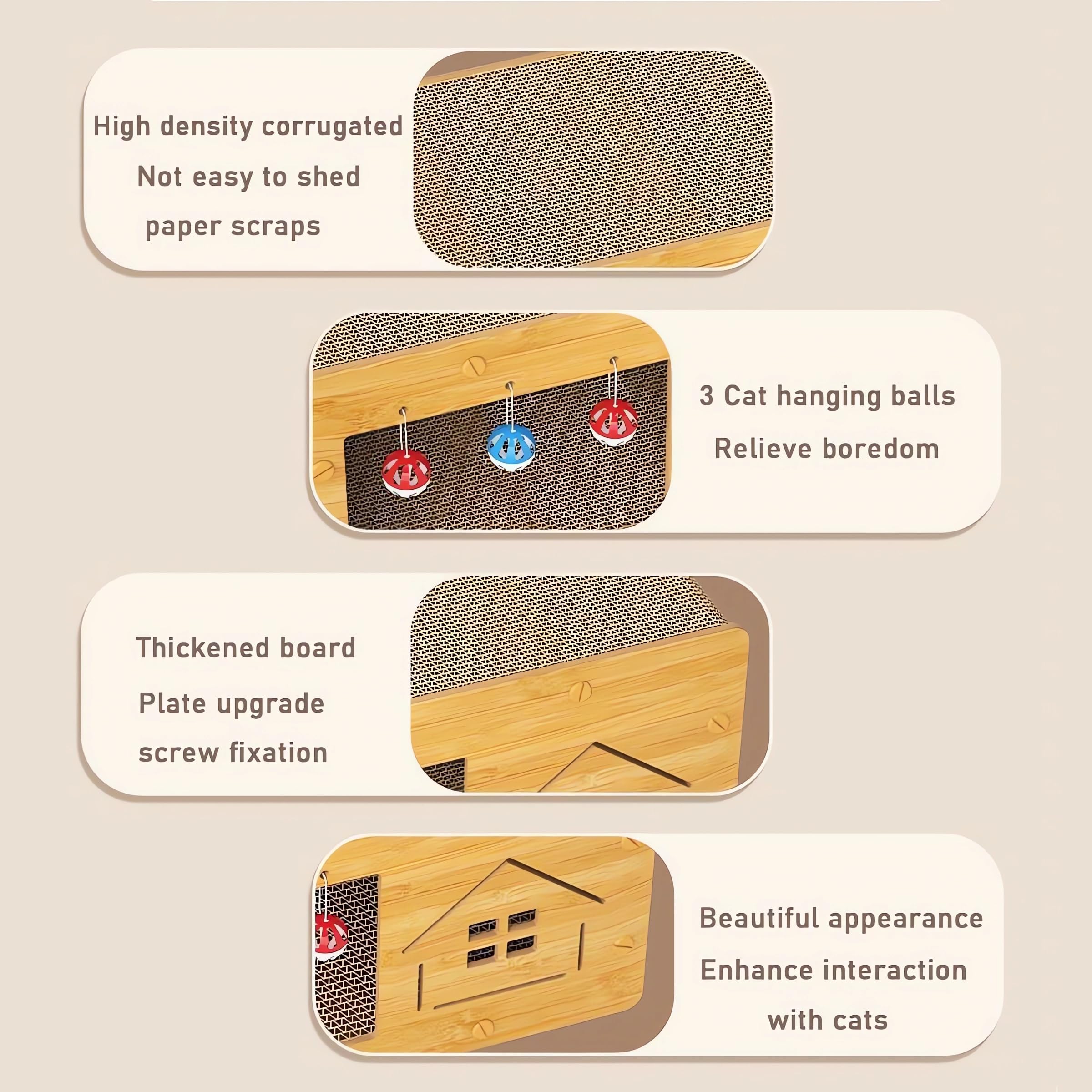منزل خشبي وسرير للقطط، بتصميم فيلا كبيرة للحيوانات الأليفة مع وسادة من الورق المقوى للقطط مع جرس، ذاتي التجميع من اندهووم