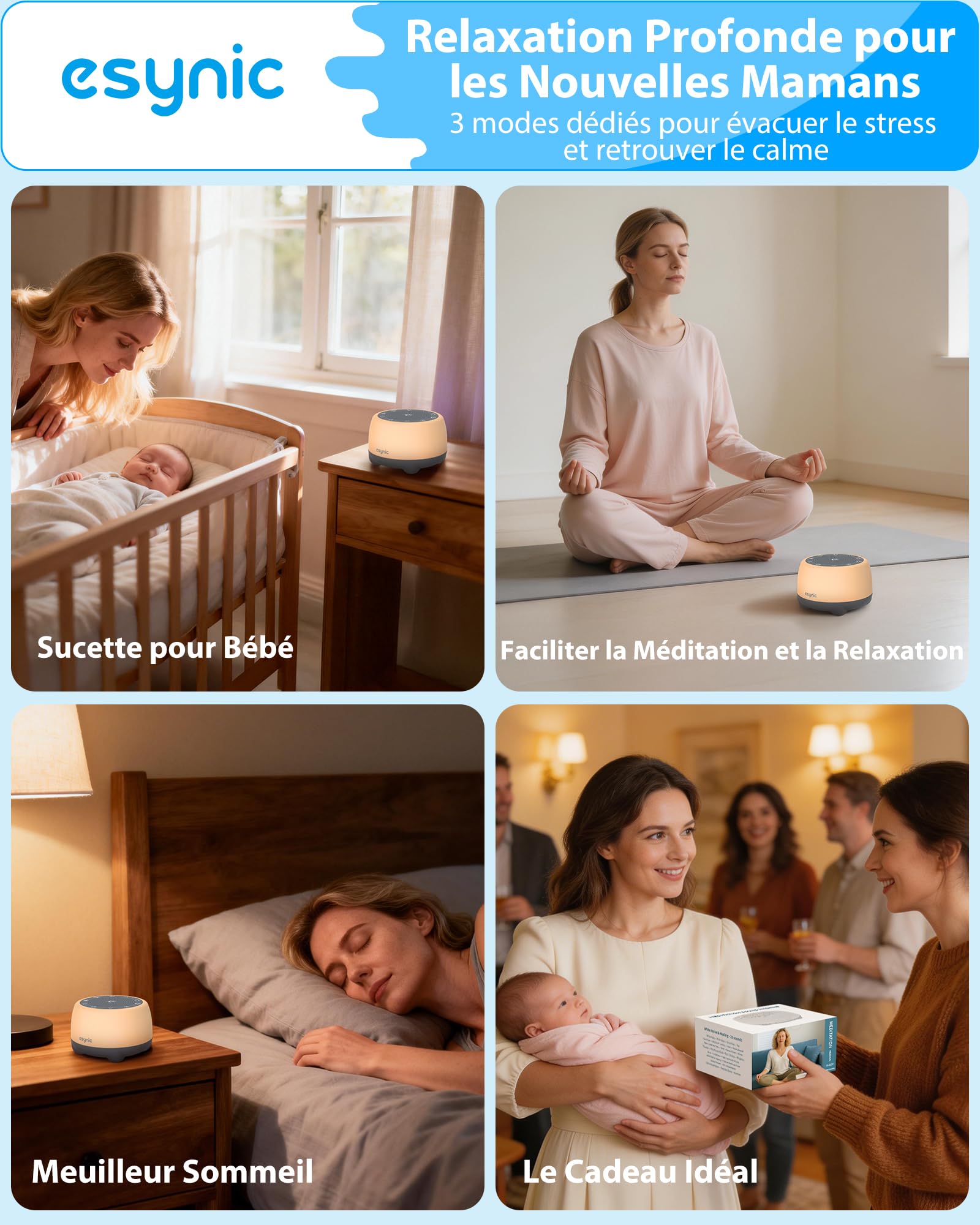eSynic Machine à Bruit Blanc Bébés Adultes 38 Sons Apaisants Bol de Chantant Tibétain Rechargeable 8 Sons de Bol Volume Couleur Réglable Fonctions Mémoire Minuterie pour Sommeil Yoga Gestion du Stress