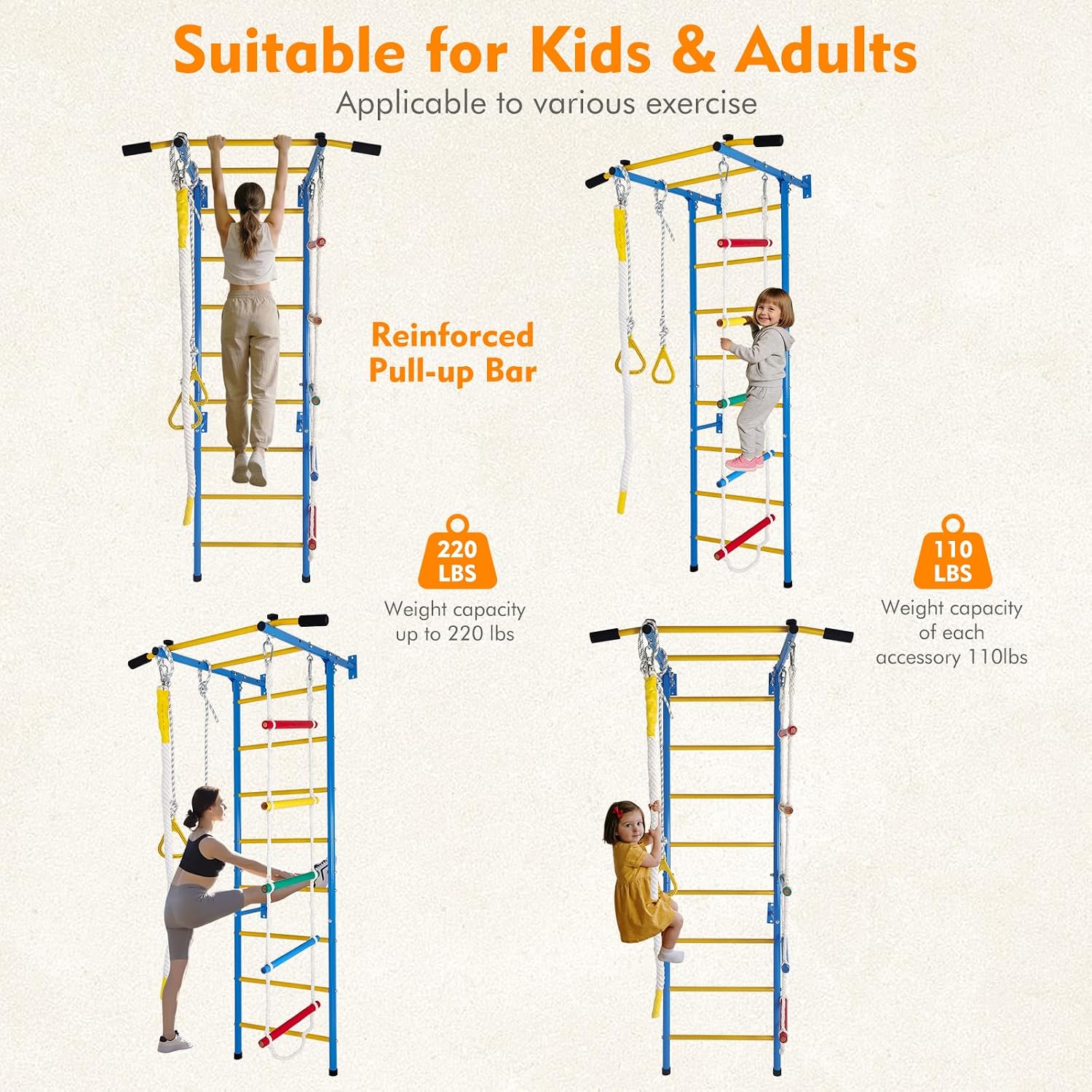 5in1 Climbing Toy Set, Steel Ladder wall kit (Including Ladder wall, Horizontal Bars, Ropes, Gymnastic Rings, and a Sturdy wall), a Set of Climbing ladders for Boys and Girls as Gift.