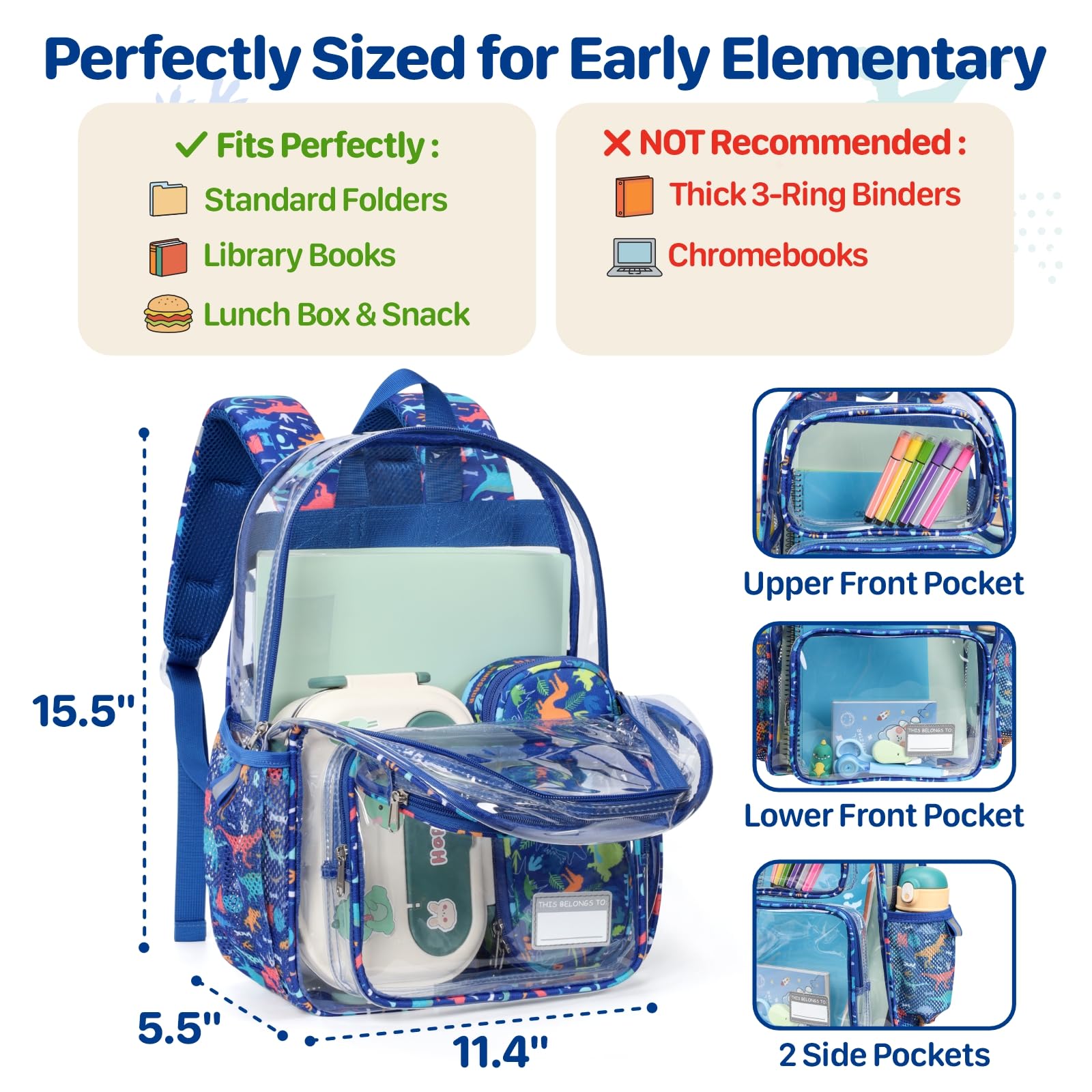 Bagseri Mochila transparente para niños, mochila transparente de 15 pulgadas para niñas y niños de 3 a 8 años, mochila transparente resistente para la escuela, 1 unidad, dinosaurio azul A, 38,1 cm