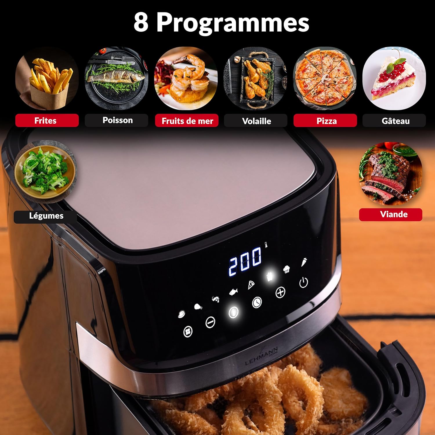 Icons representing 8 preset cooking programs: Fries, Fish, Seafood, Poultry, Pizza, Cake, Vegetables, Meat.