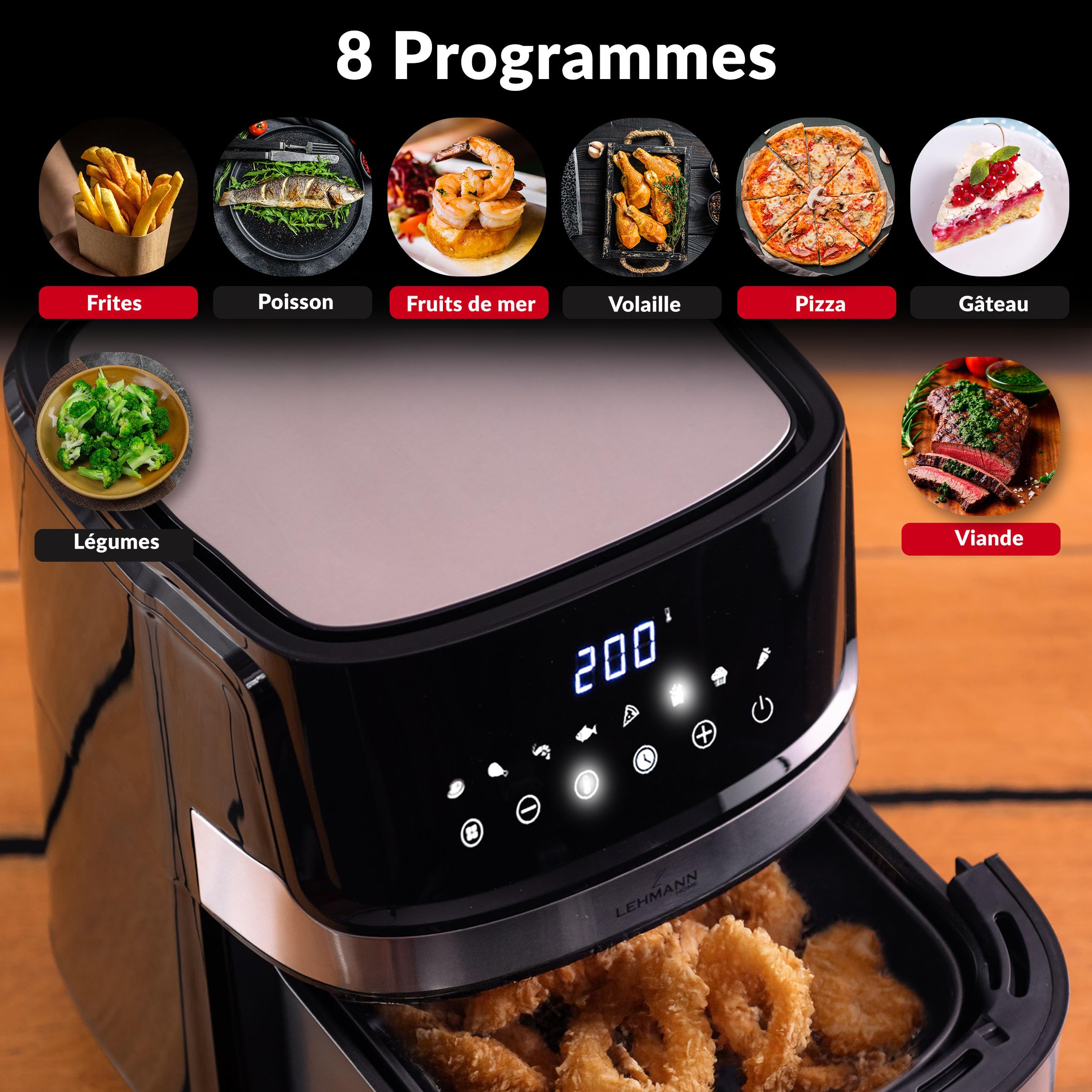 LEHMANN Air Fryer XL, 6,5L, Friteuse sans Huile avec 8 Programmes, Grande Métallique Tiroir, Écran Tactile, Minuterie, Revêtement Antiadhésif, 80-200 °C, Compatible Lave-vaisselle, Familial