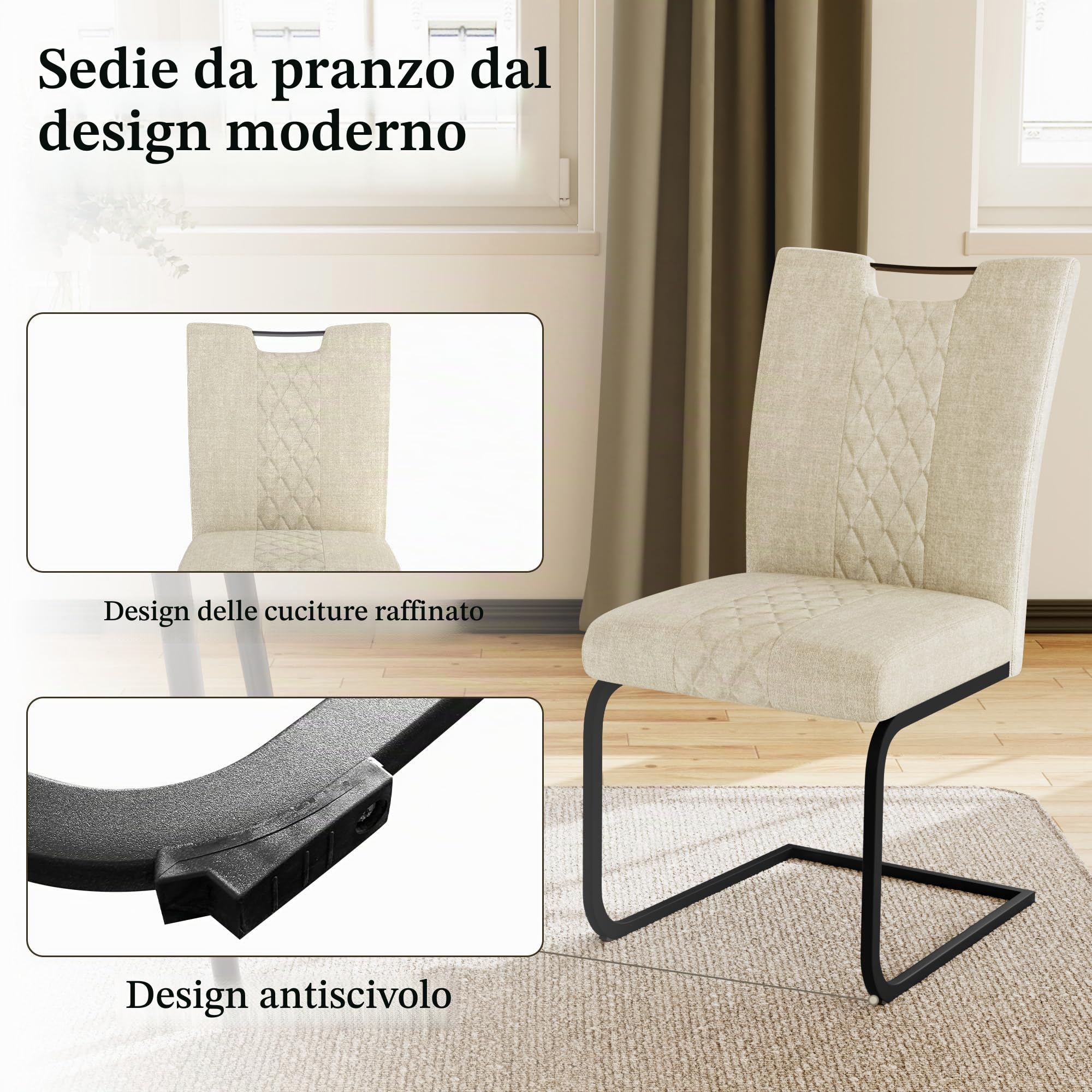JIEXI Set di 4 sedie da sala da pranzo, con rivestimento in tessuto, schienale trapuntato e struttura in metallo, sedia da cucina/sala da pranzo moderna, comoda e stabile (4 sedie beige)