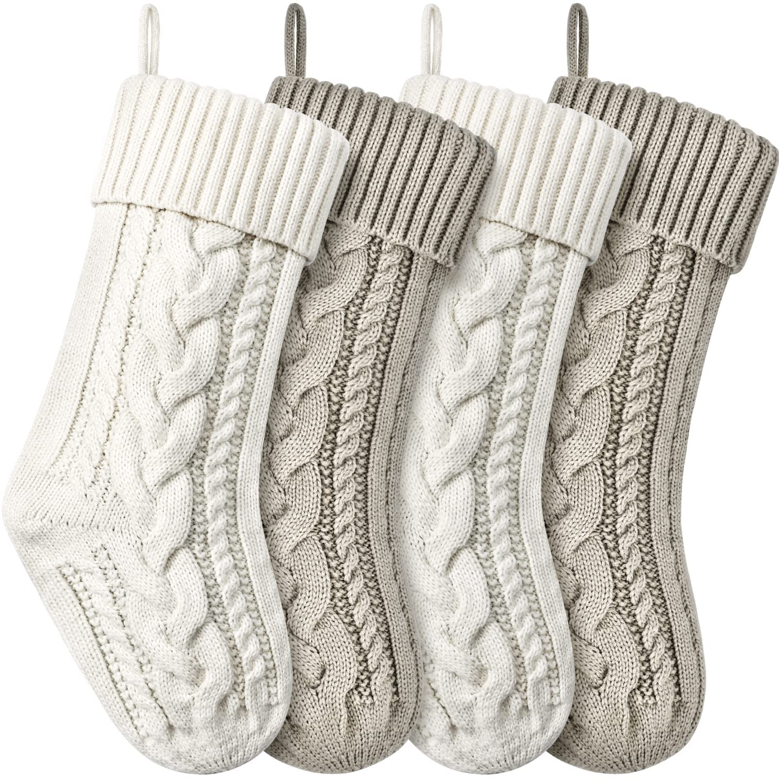 Christmas Stockings Knitted Xmas Stockings Double-Sided 18 Inches Fireplace Stockings for Family Christmas Decoration (Ivory,Khaki, 4)