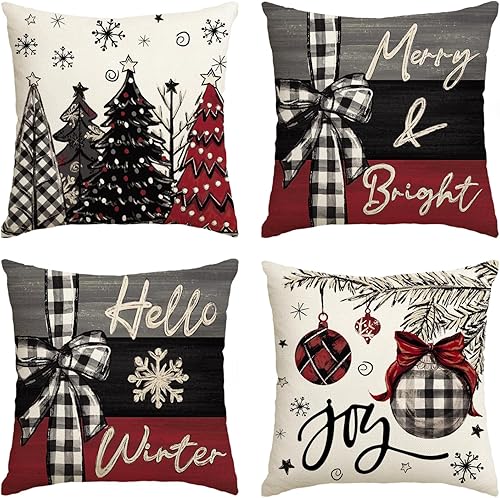 AVOIN colorlife Juego de 4 fundas de almohada rojas con árboles de Navidad, 16 x 16 pulgadas, decoración de Navidad y vacaciones de invierno para