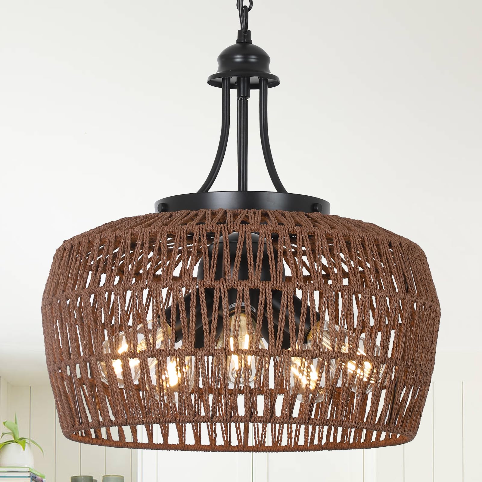 Photo 1 of HMVPL Coffee Rattan Chandeliers for Dining Room, 5-Light Coastal Chandelier with Wicker Lampshade, Large Farmhouse Light Fixture, Boho Dining Room Chandelier for Island Kitchen Bedroom Living Room