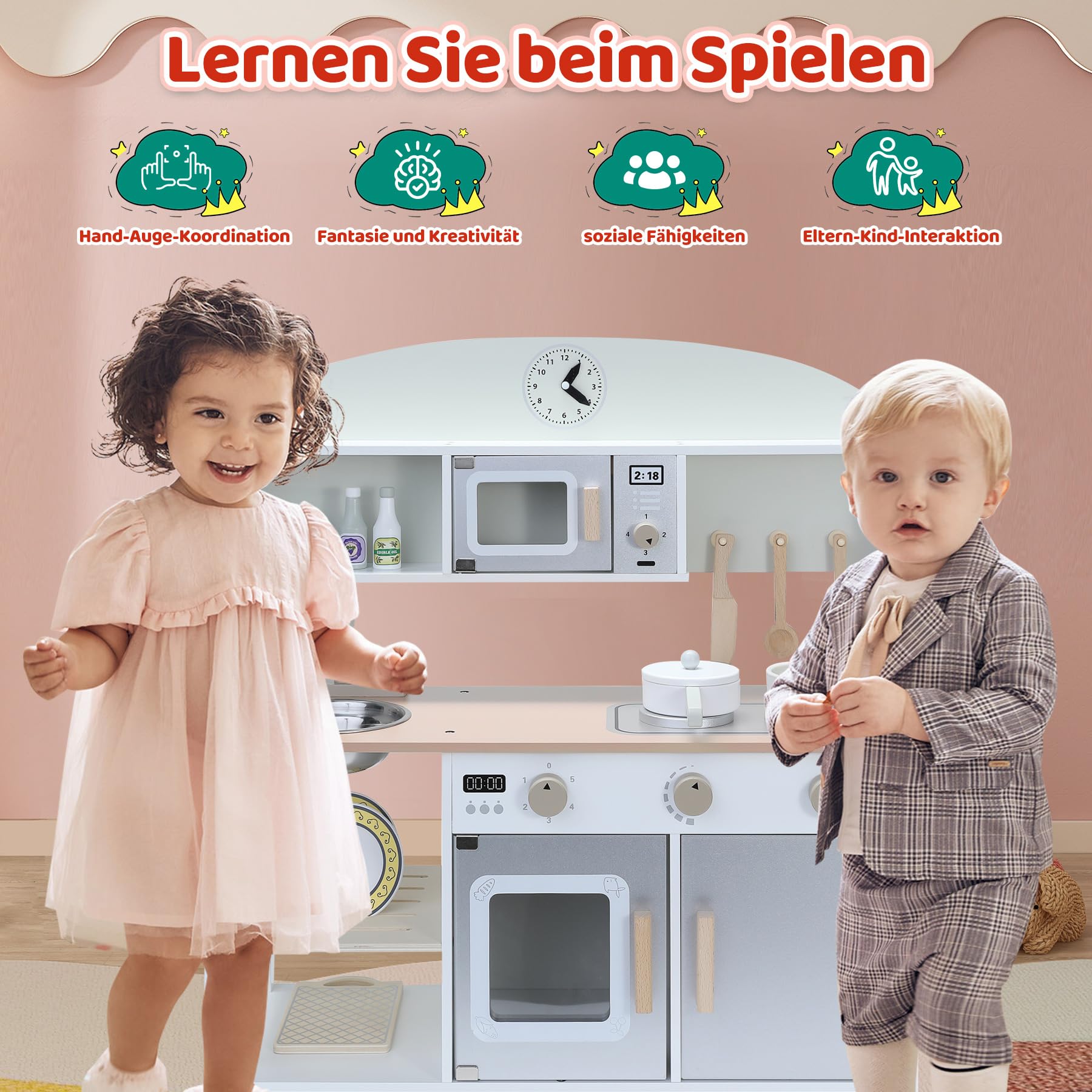Kinderküche aus Holz mit Zubehör, Spielküche für Kinderzimmer, inkl. Herd, Ofen, Mikrowelle, Kühlschrank, Wasserhahn und Kochgeschirr – Kinderküche Holz Spielset für Rollenspiele, Mittelgrau