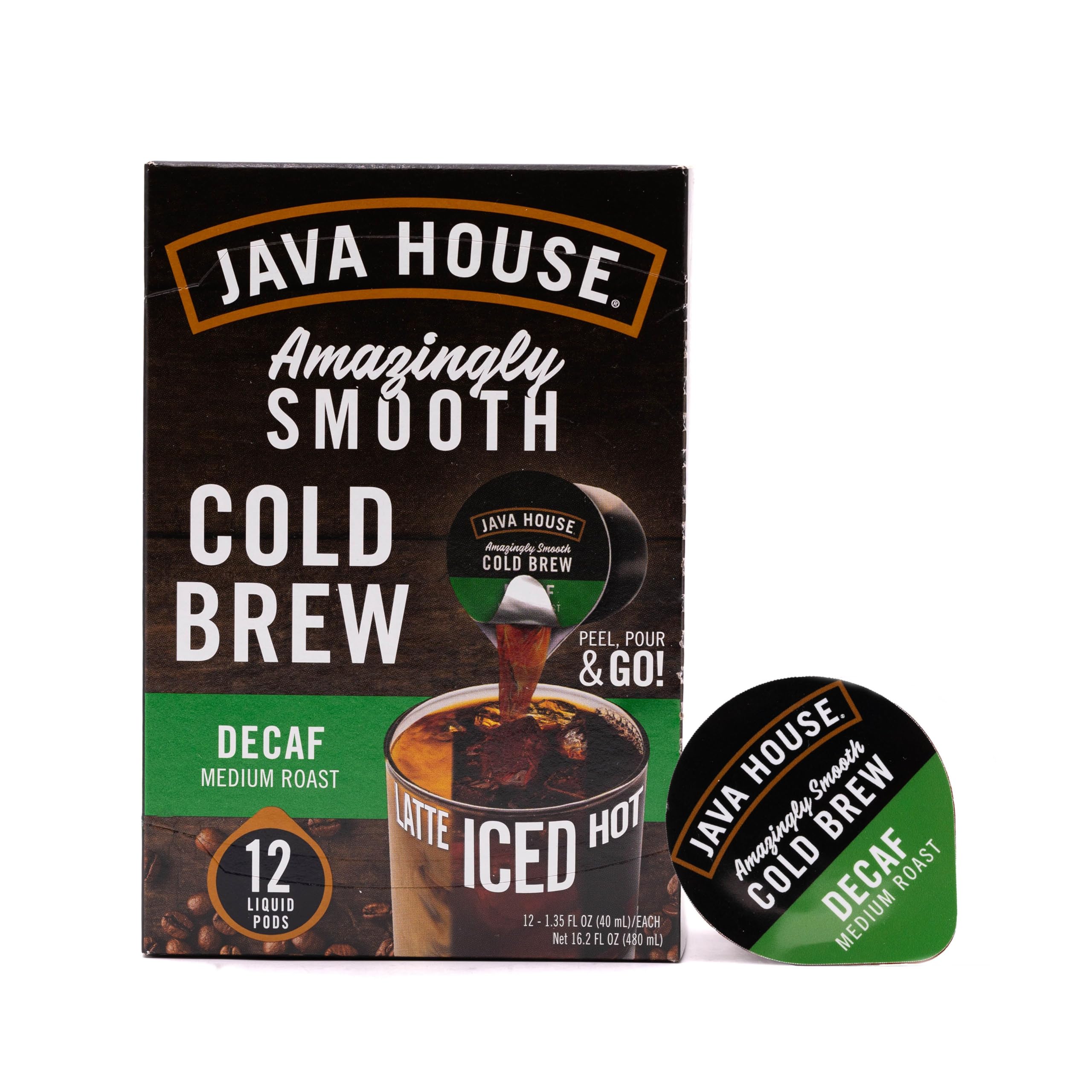 JAVA HOUSE Decaf Medium Roast Cold Brew Pods, (12 Count) Peel and Pour Pods Hot or Iced Instant Coffee Concentrate