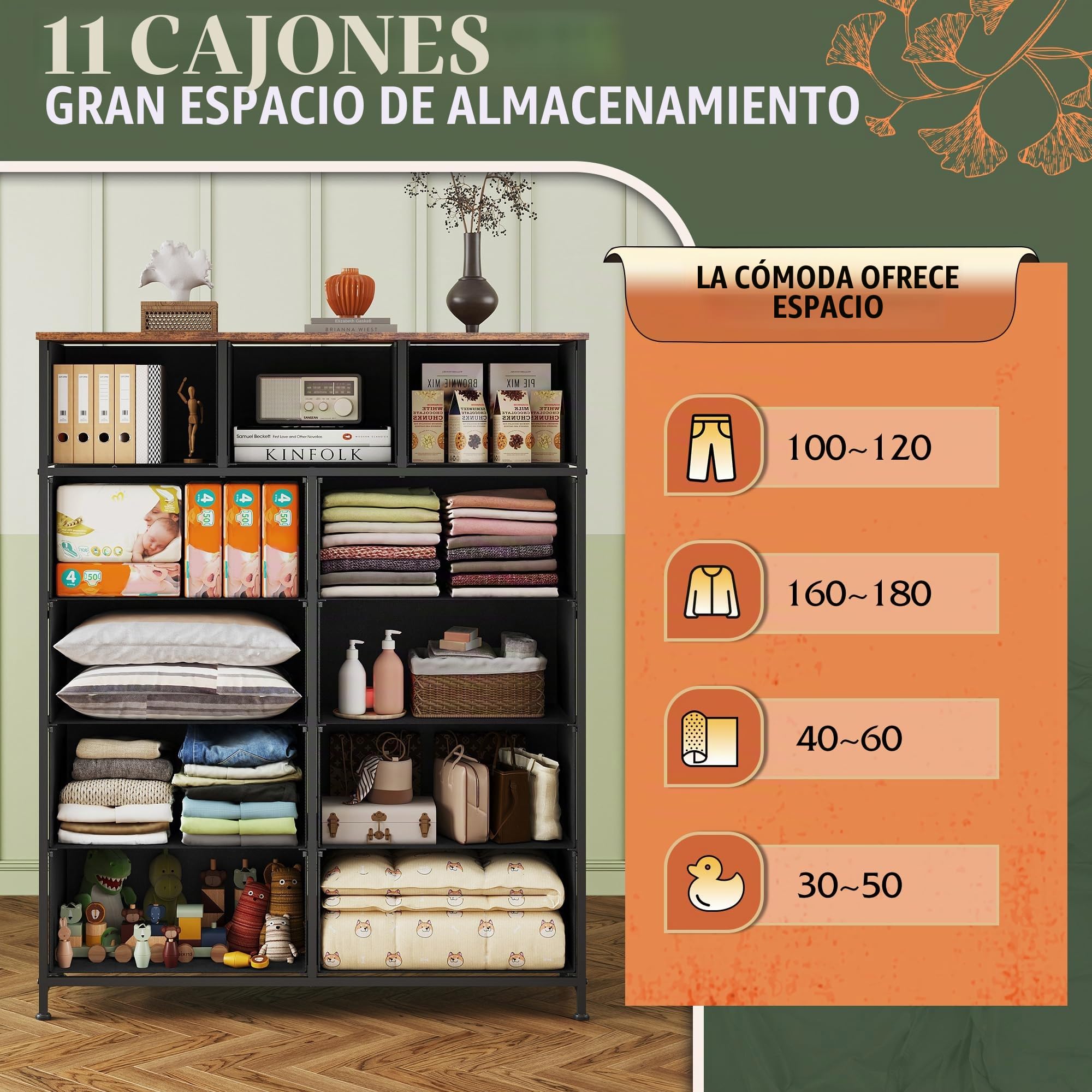 WLIVE Cómoda de Tela con 11 Cajones Extraíbles, Gabinete con Parte Superior de Madera y Estructura de Acero, Adecuado para Salón, Dormitorio, Pasillo, Habitación De Niños, Bohemia