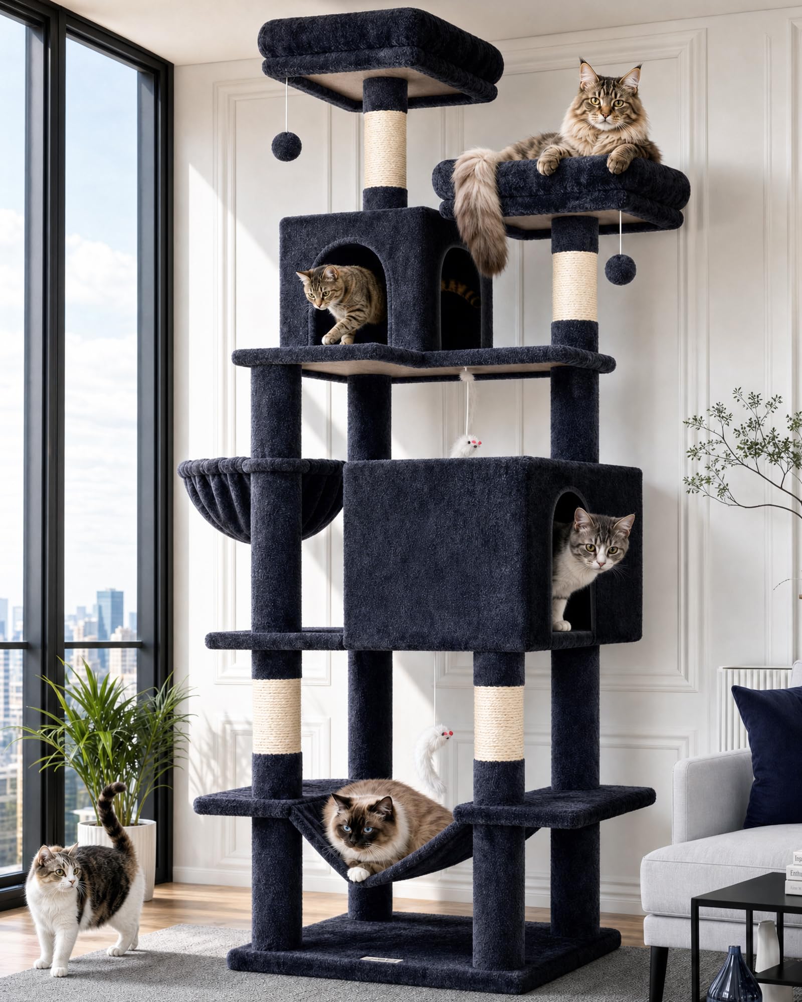 Globlazer F76 Kratzbaum 195 cm mit Große Katzenhaus Hängematte für 2 Katzen | Katzenbaum Stabil Weiche Plüsch, Sicherheit Kippschutz, Einfach zu installiere Aktivitätskratzbäume für Große Katzen Kätzchen