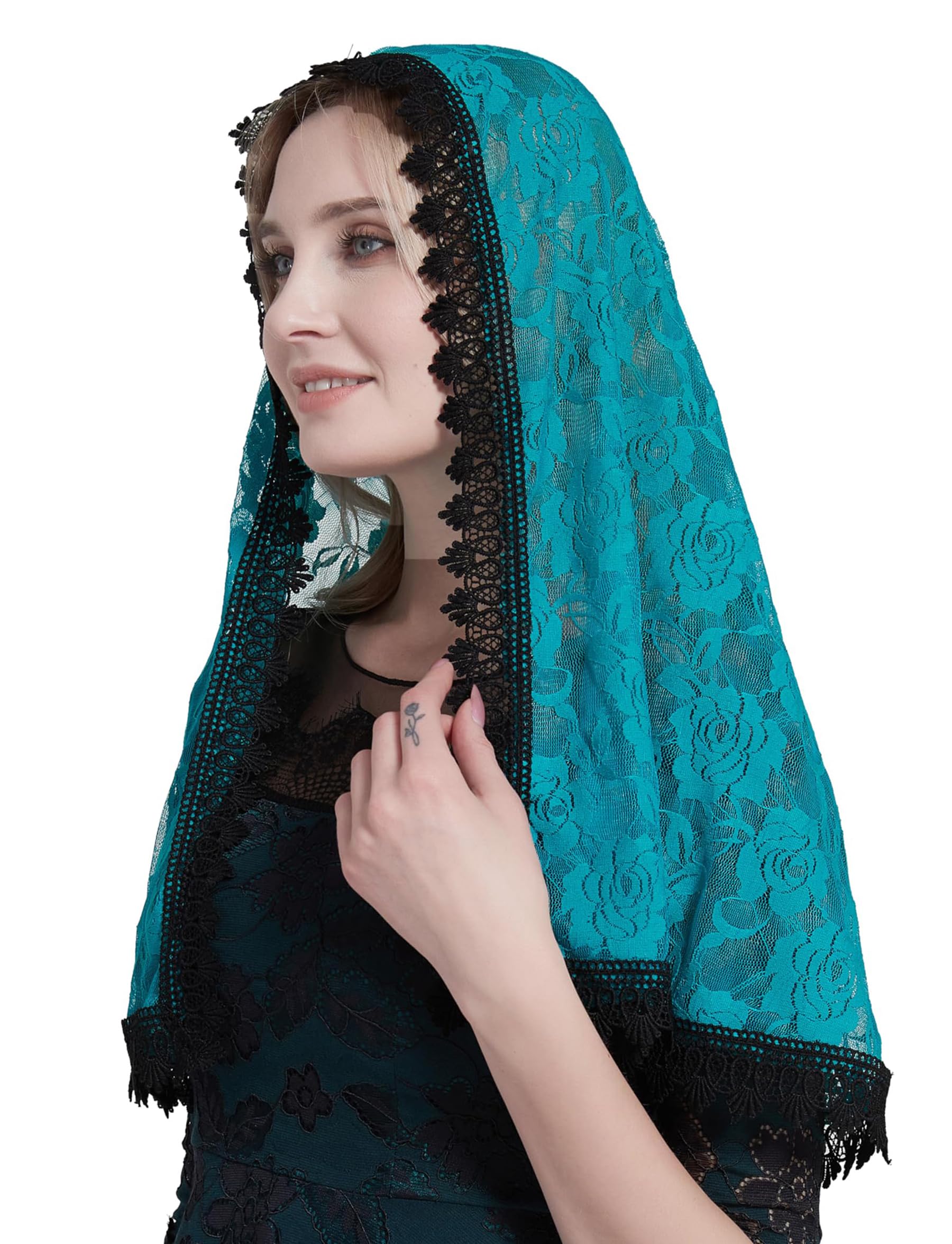 YHDDYG Lace Mantilla Catholic Veil Chapel Veil Catholic Mass Rose Lace Veil Latin Mass Headcovering S97, Teal Veil, One Size
