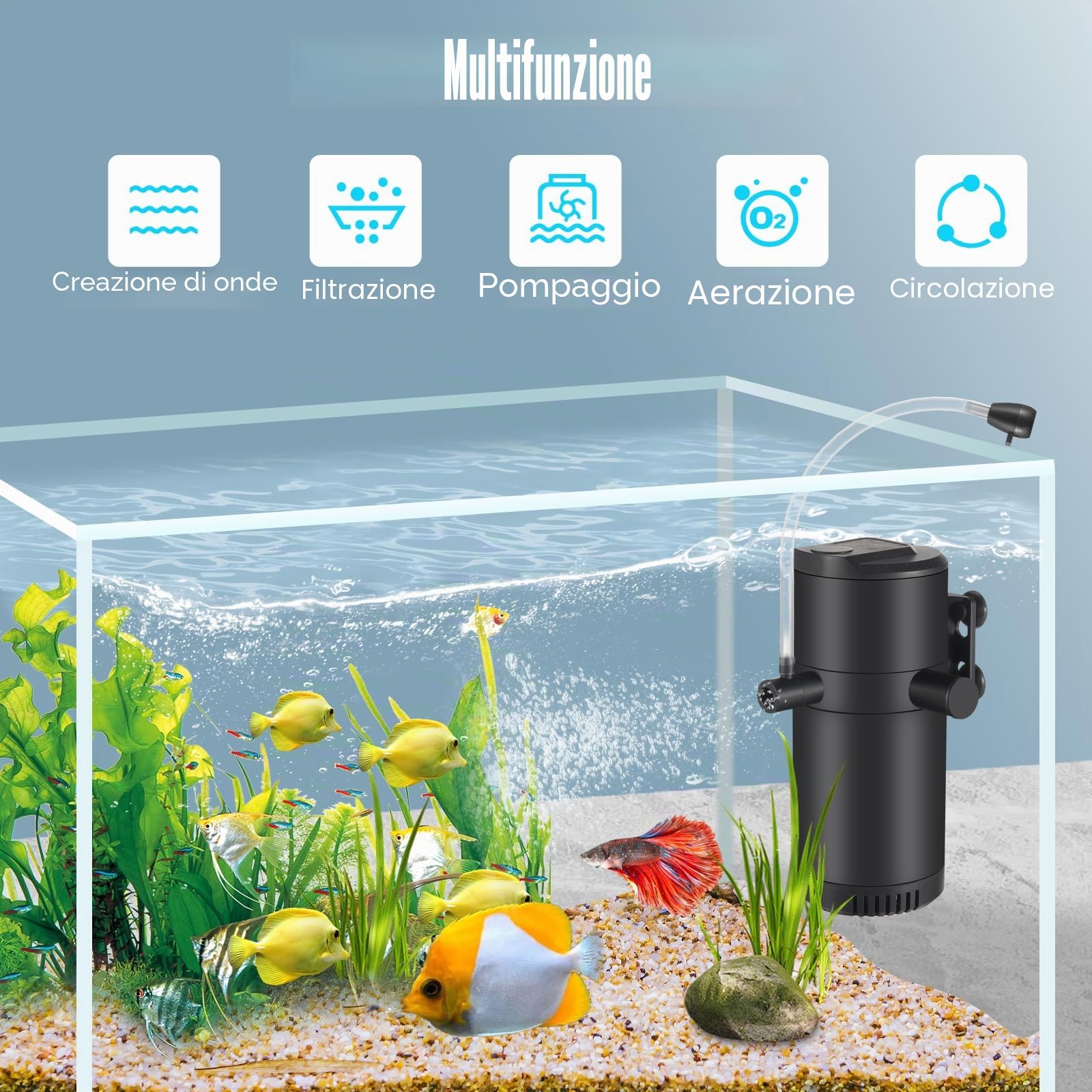 Filtro interno per acquario con flusso da 8 W 500 L/H per acqua pulita, flusso d'aria regolabile, basso rumore, onde e silenzioso