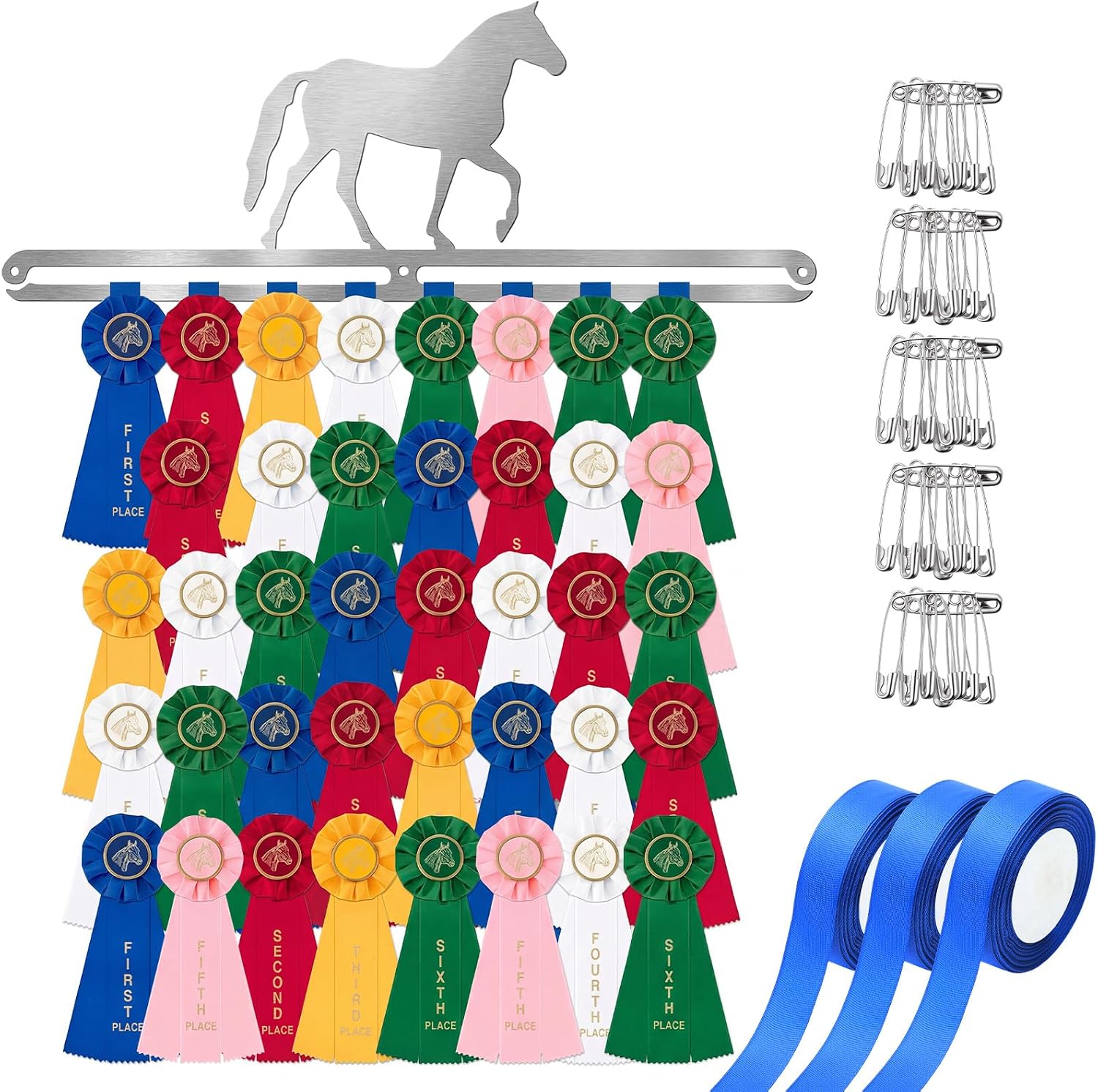 Horse Ribbon & Medal Display Hanger for Wall - Metal Equestrian Rosette Holder with Pins & Ribbons, Holds Up to 40 Awards, Award Ribbon Organizer(Black)