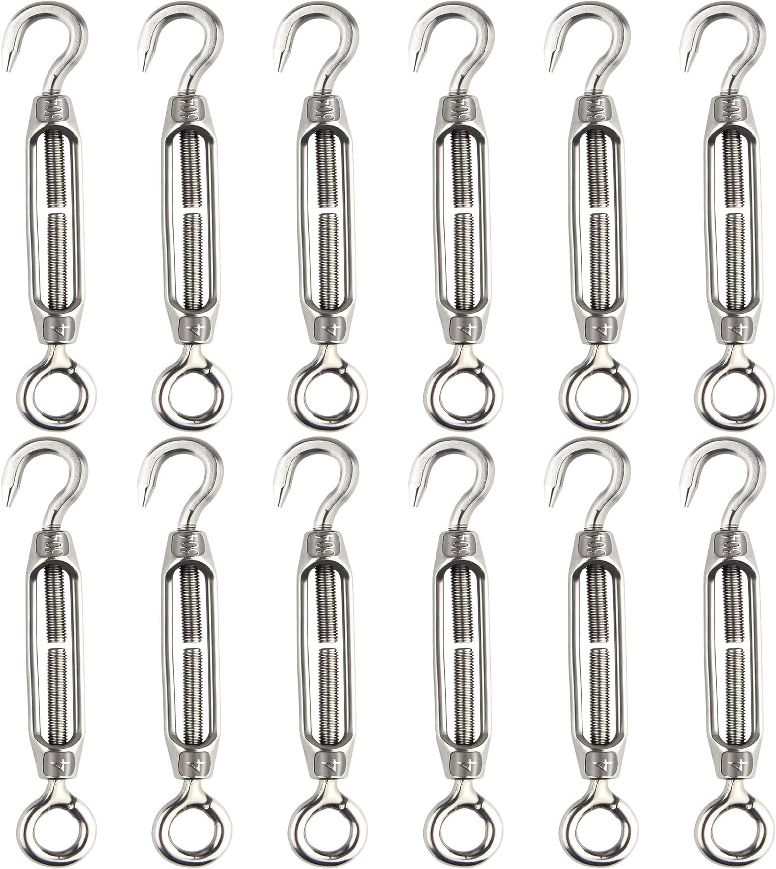 CHRORINE 12 Pcs Turnbuckle Wire Tensioner M4 Hook and Eye Turnbuckle Tensioner 304 Stainless Steel Tensioners Rope Tension Heavy Duty