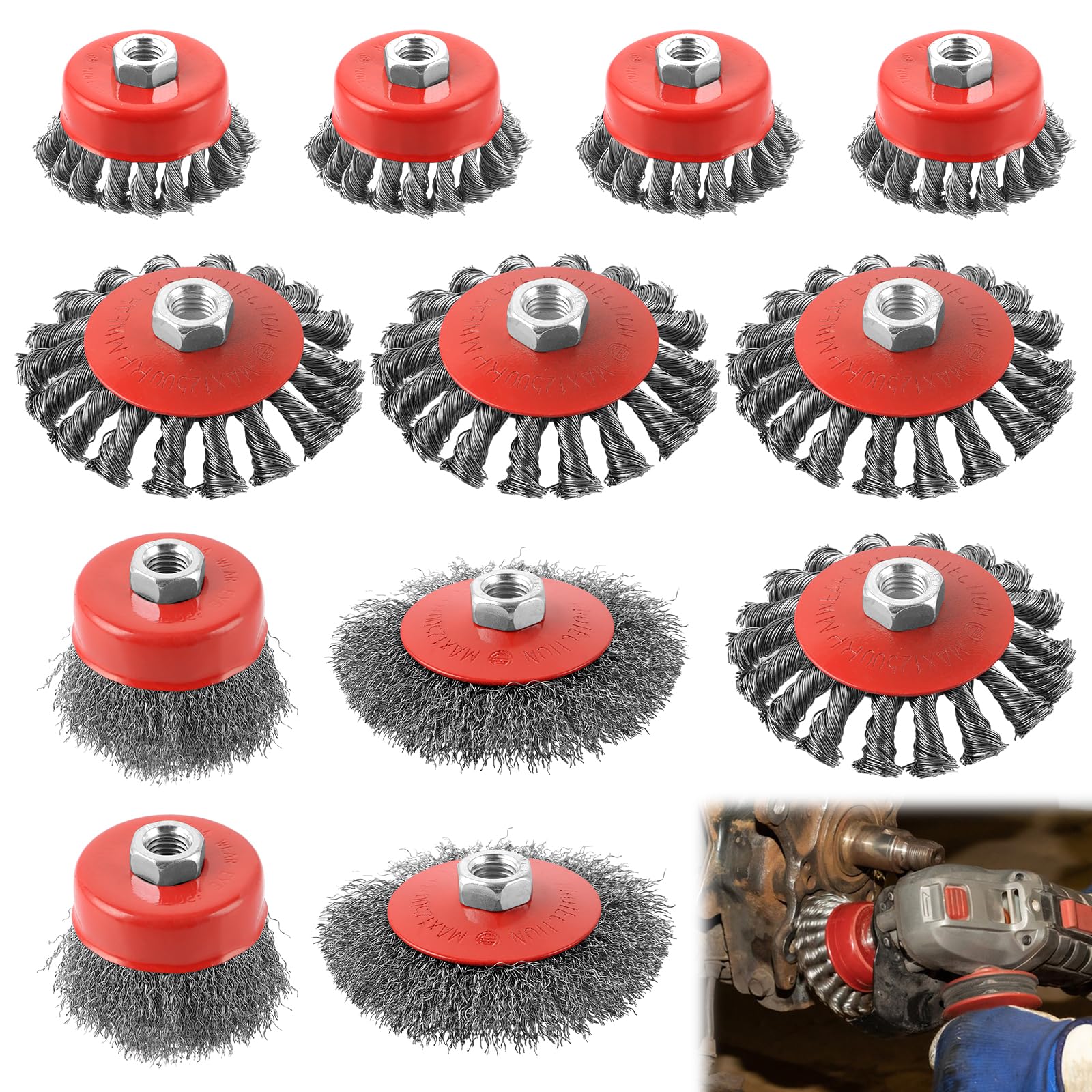 YOUNTHYE Spazzola metallica Flex M14, set da 12 spazzole in acciaio per smerigliatrice angolare e avvitatore a batteria, spazzola intrecciata