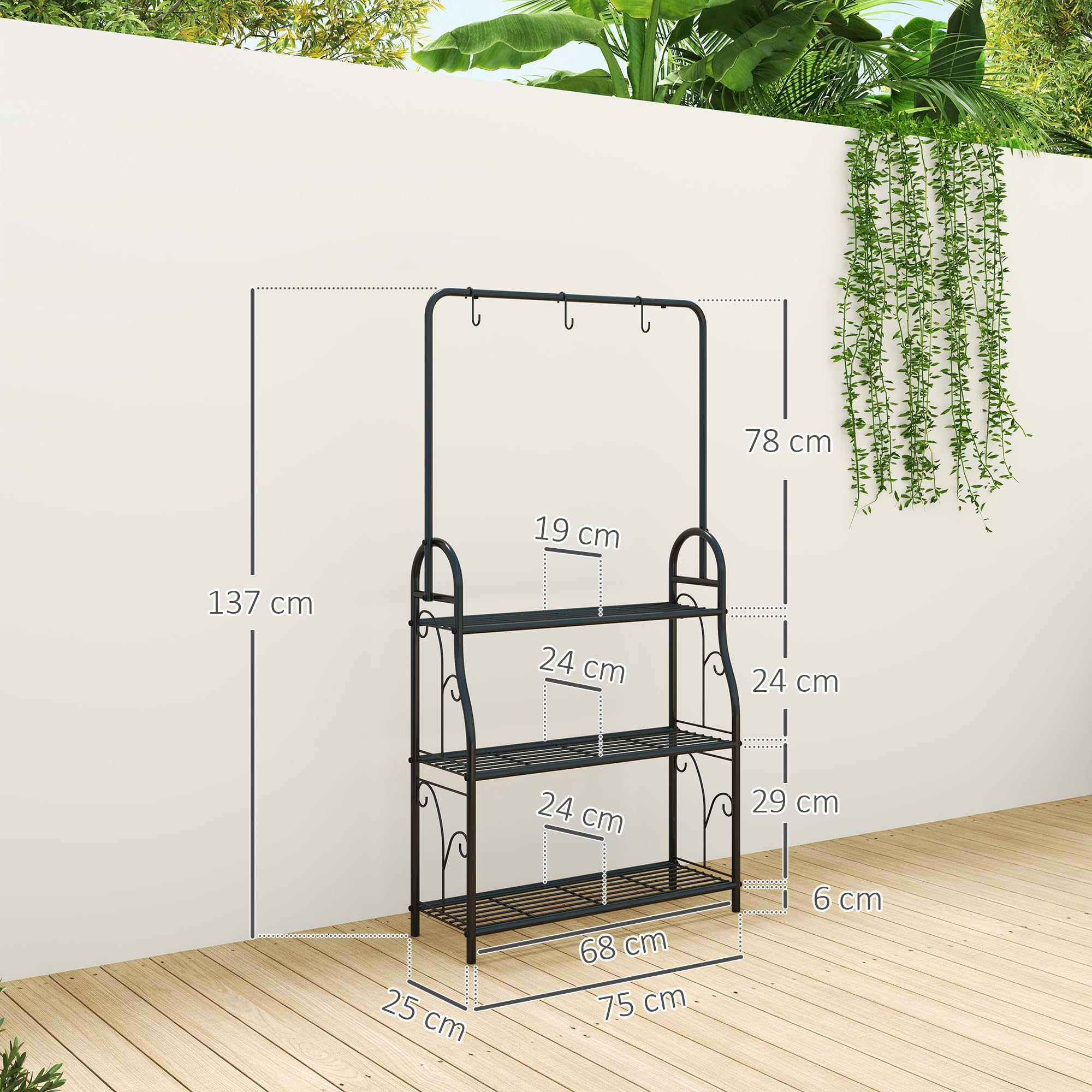 Outsunny Étagère à fleurs 3 niveaux pour Intérieur Extérieur Métal Noir | Support de Plantes, Tige de Suspension, 3 Crochets, pour Balcon, Salon, Chambre, Jardin
