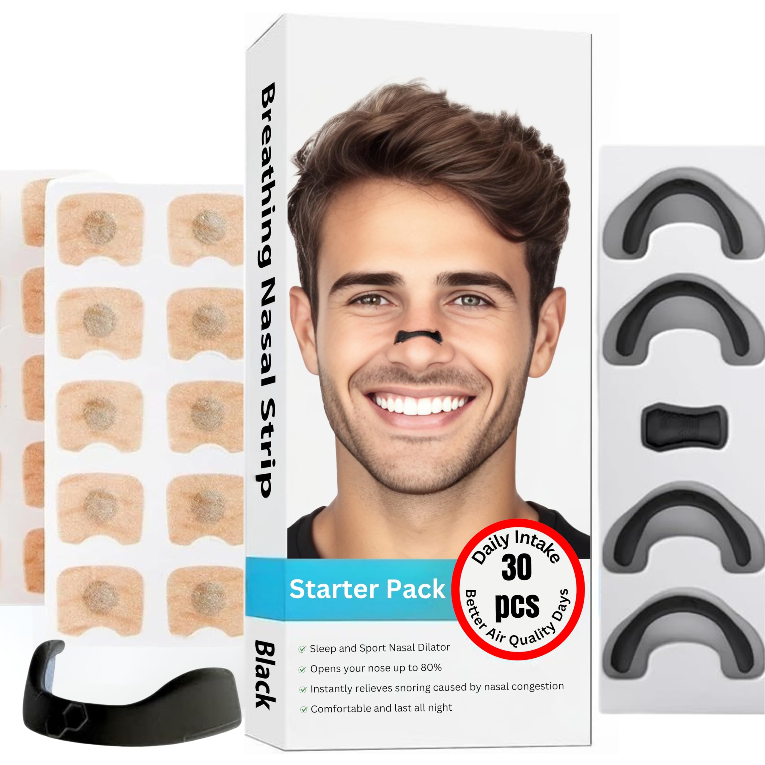 Nose Strips for Enhance Airflow (30 Pcs, Black) - Nose Magnet for Breathing, Relieve Snoring & Improve Sleep - Advanced Nasal Strips Support for Better Breathing, Skin-Friendly & Sweat-Resistant