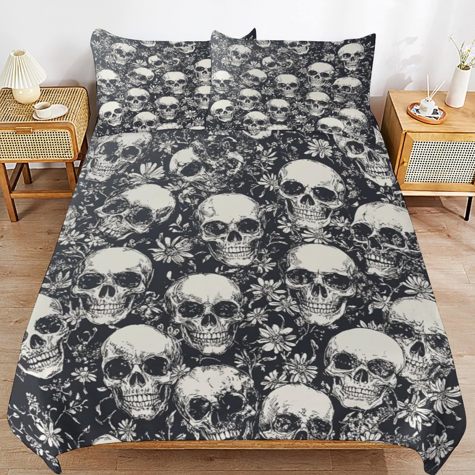Housse de couette 135x200 gothique squelette avec 2 taies d'oreiller